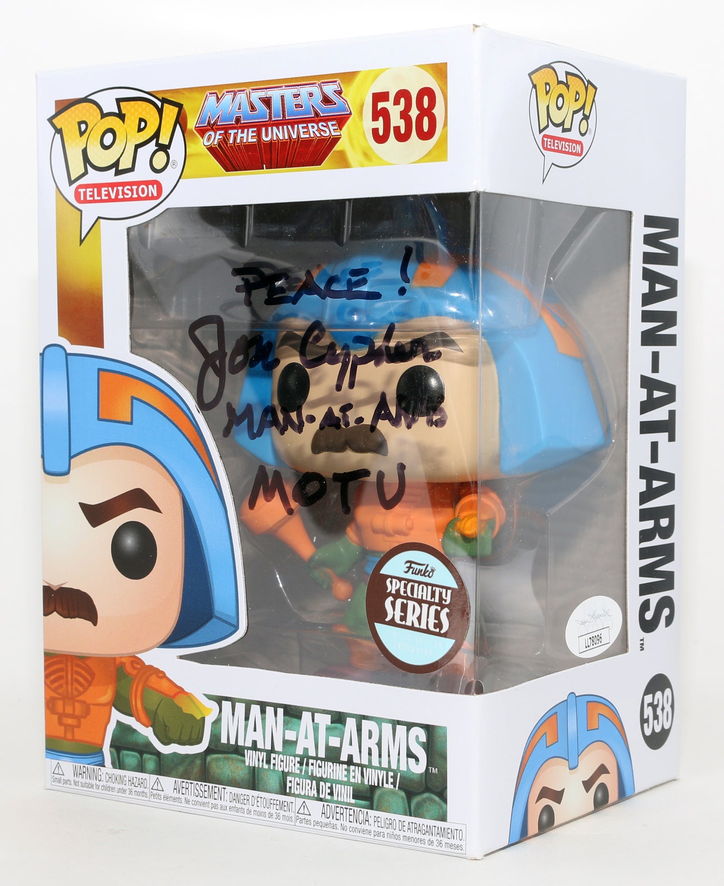 
                  
                    Jon Cypher as Man-At-Arms in Masters of the Universe Specialty Series (JSA) Signed Funko POP! #538 with Character Name & Quote
                  
                