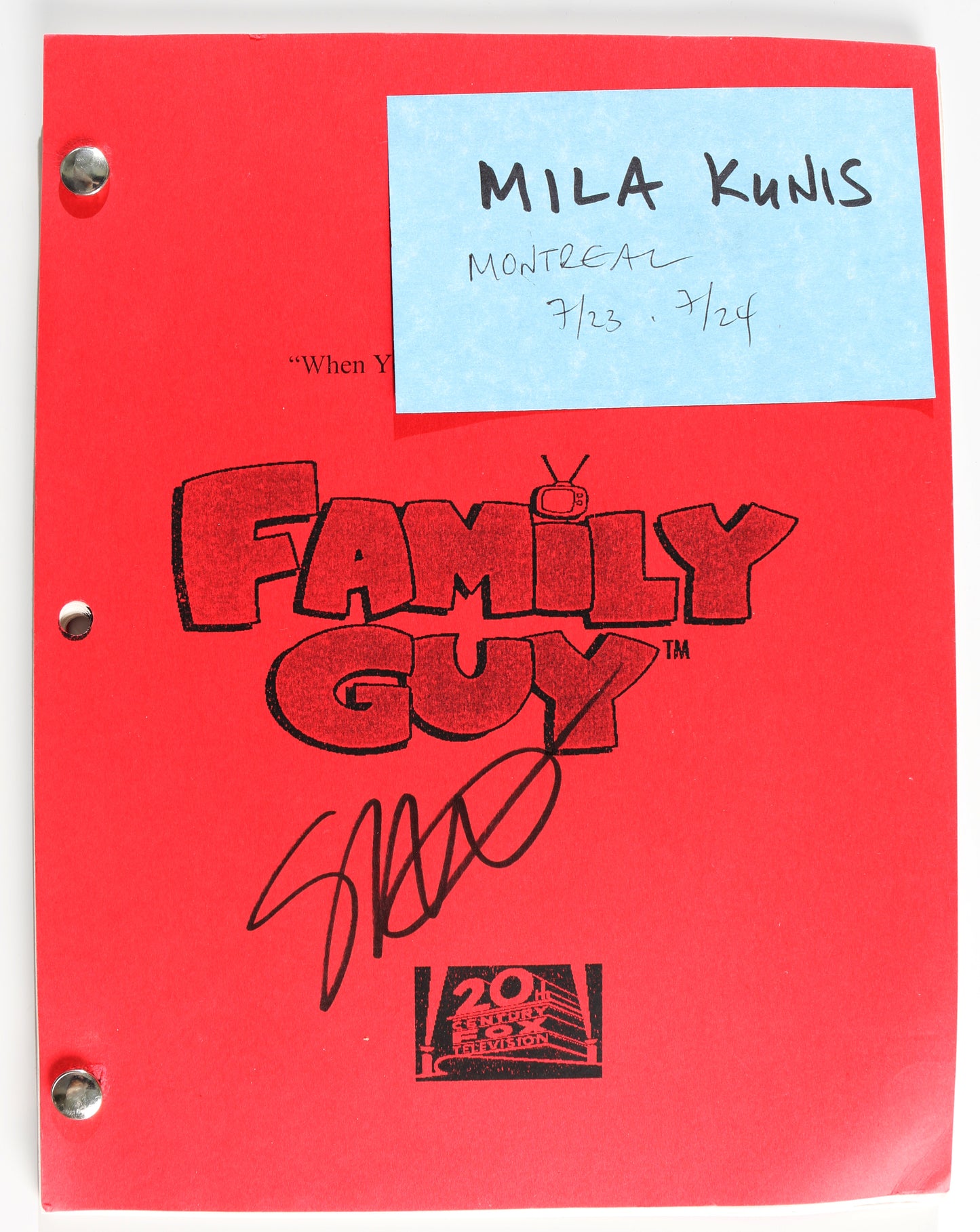 
                  
                    Mila Kunis' Original Script for Family Guy Season 3 Episode 22 "When You Wish Upon a Weinstein" Signed by Family Guy Creator: Seth MacFarlane
                  
                