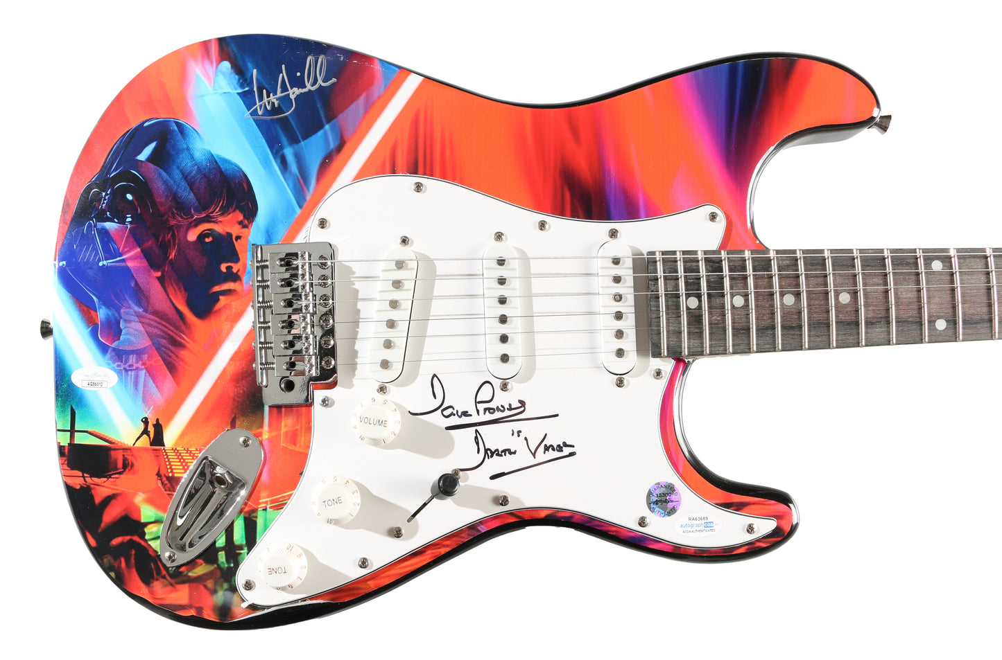 
                  
                    Star Wars: The Empire Strikes Back Lightsaber Duel Electric Guitar (JSA / ACOA) Signed by Dave Prowse as Darth Vader & Mark Hamill as Luke Skywalker
                  
                