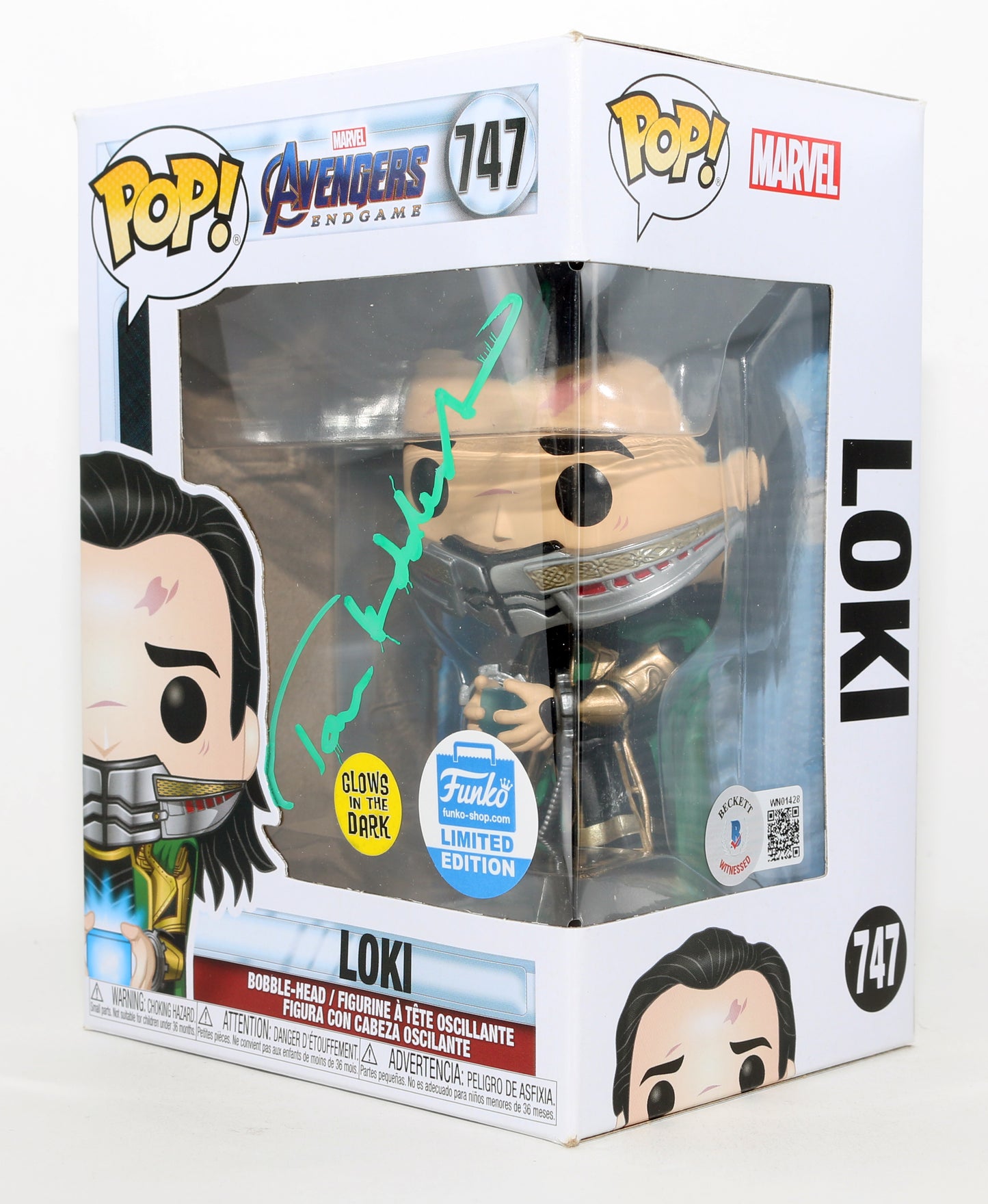 
                  
                    Tom Hiddleston as Loki in Avengers: Endgame GITD Funko Store Limited Edition (Beckett) Signed Funko POP! #747
                  
                