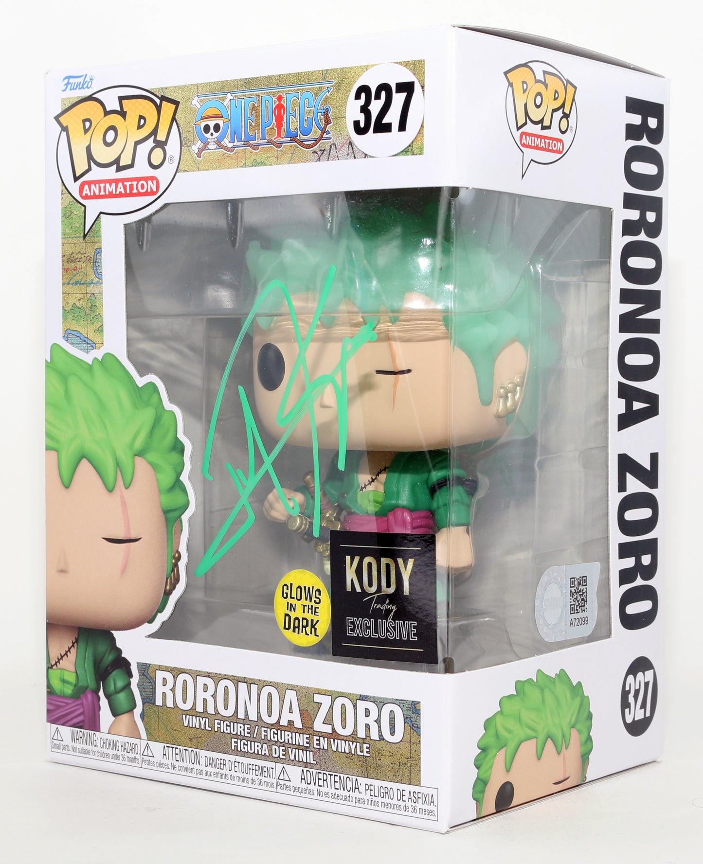 
                  
                    Mackenyu as Roronoa Zoro in One Piece GITD Kody Trading Exclusive (JSA) Signed Funko POP! #327
                  
                