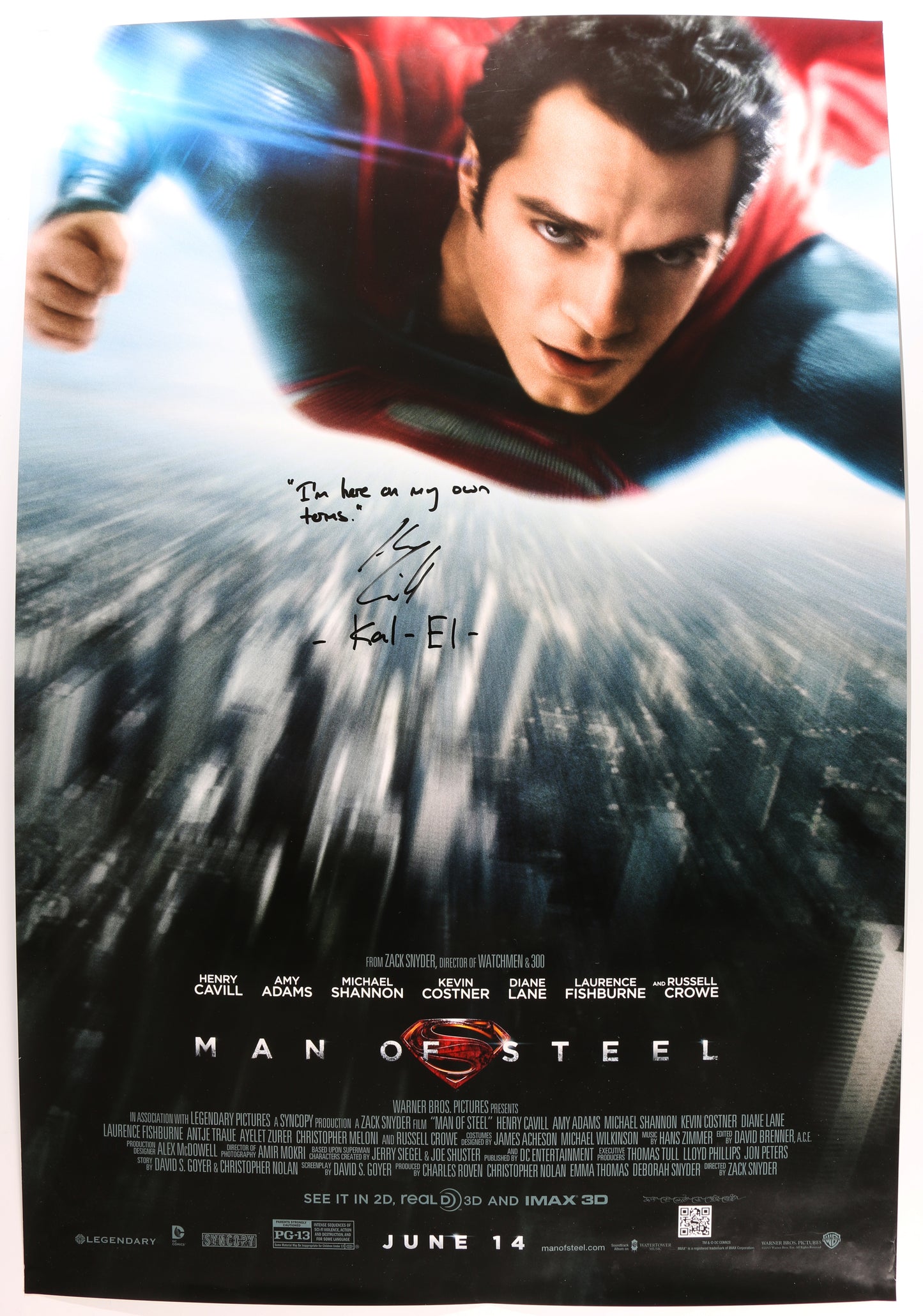 
                  
                    Henry Cavill as Kal-El / Clark Kent in Superman: Man of Steel Signed 27x40 Poster with Character Name & Quote
                  
                