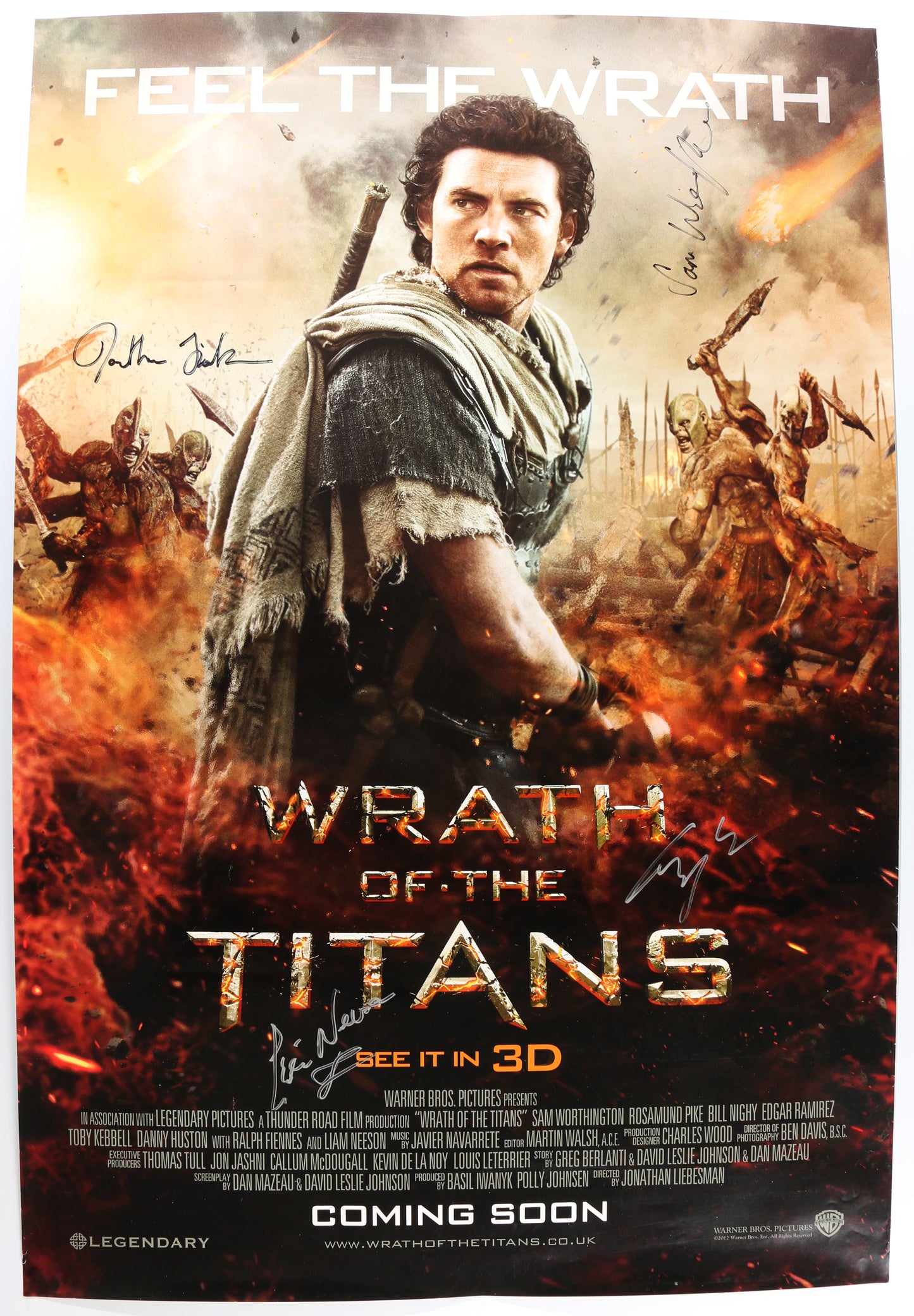 
                  
                    Wrath of the Titans 27x40 Poster Cast Signed by Sam Worthington, Liam Neeson, Toby Kebbel, & Director: Jonathan Lieberson
                  
                