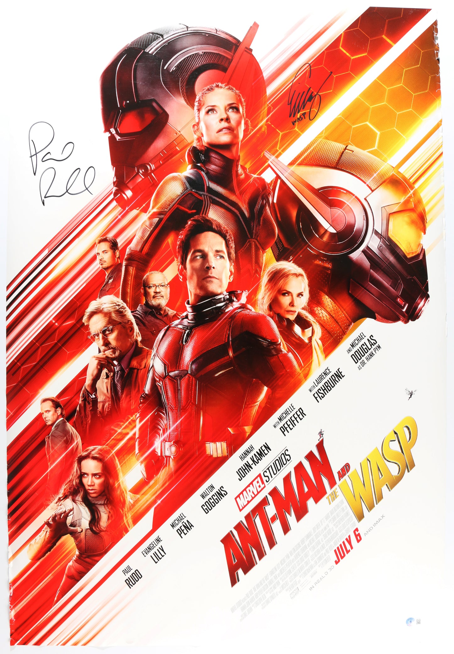 
                  
                    Paul Rudd as Ant-Man & Evangeline Lilly as Hope van Dyne in Ant-Man & The Wasp (Beckett Witnessed) Signed 27x40 Poster with Character Name
                  
                