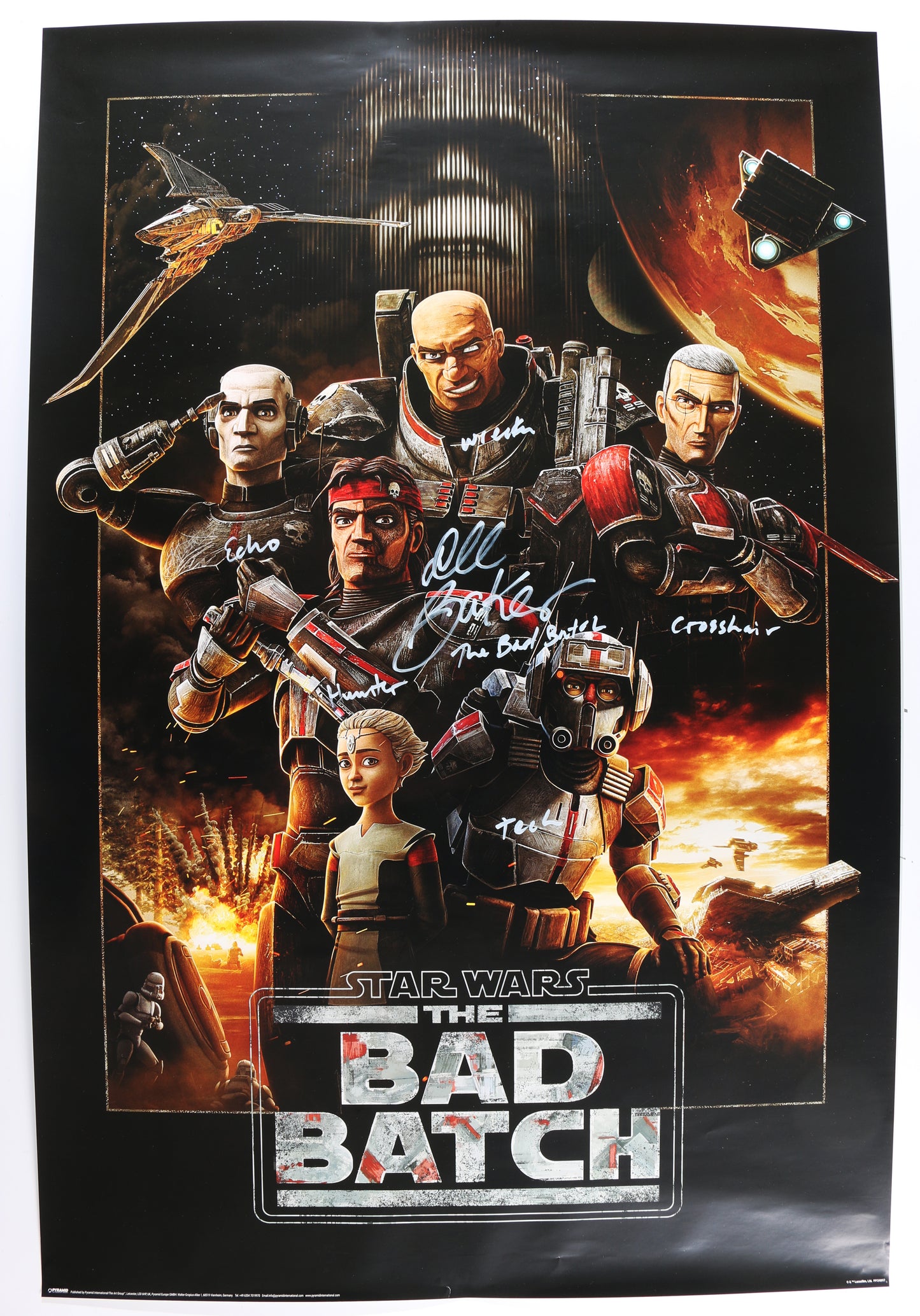 
                  
                    Dee Bradley Baker as Clone Force 99 / The Bad Batch in Star Wars: The Bad Batch Signed 24x36 Poster with Character Names
                  
                