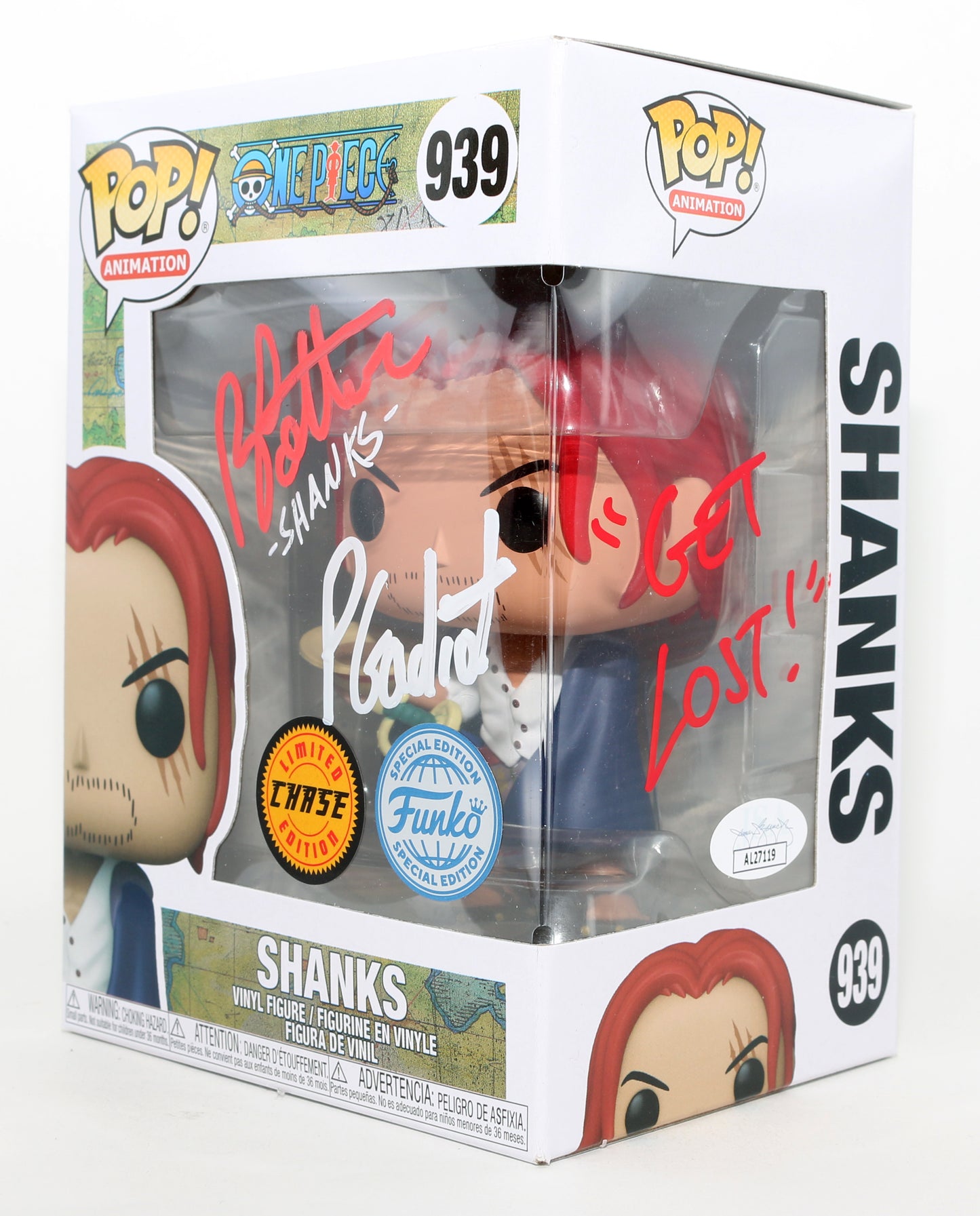 
                  
                    Peter Gadiot & Brandon Potter as Shanks in One Piece Special Chase Edition (JSA) Signed Funko POP! #939 with Character Name & Quote
                  
                
