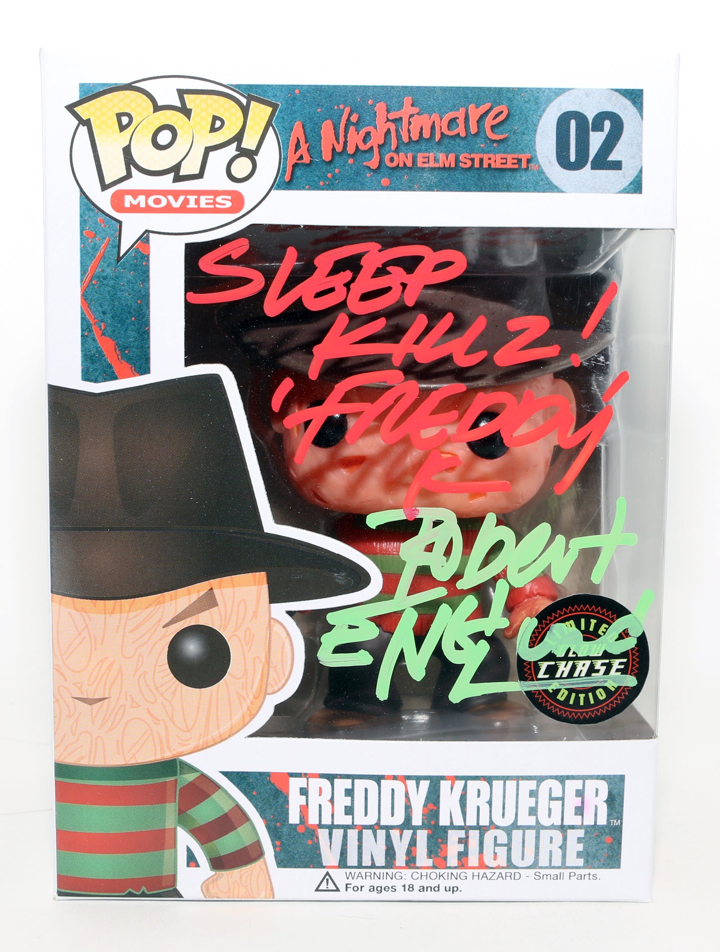 
                  
                    Robert Englund as Freddy Krueger in A Nightmare on Elm Street Glow Chase Edition (JSA) Signed Funko POP! #02 with Character Name & Quote
                  
                