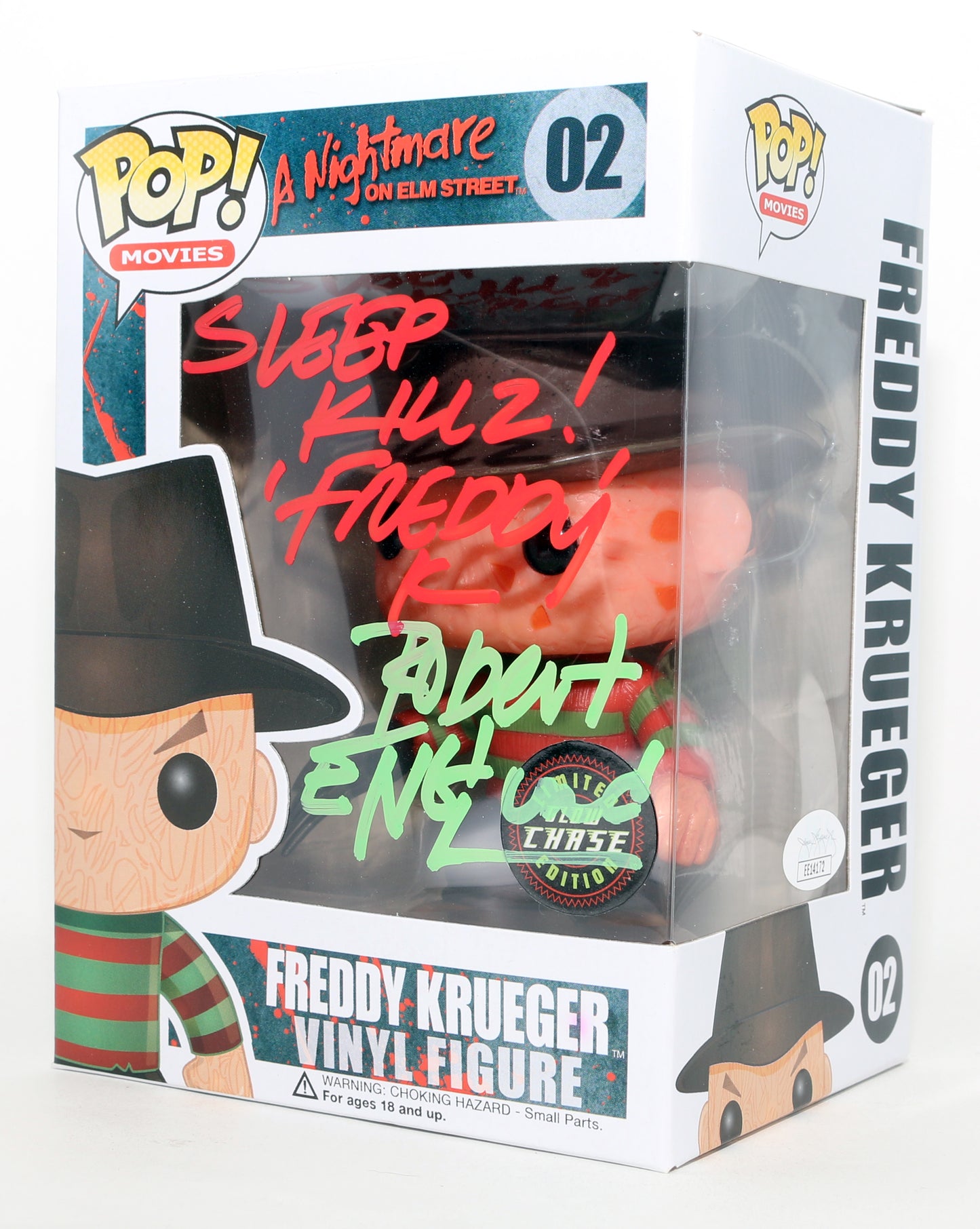 
                  
                    Robert Englund as Freddy Krueger in A Nightmare on Elm Street Glow Chase Edition (JSA) Signed Funko POP! #02 with Character Name & Quote
                  
                