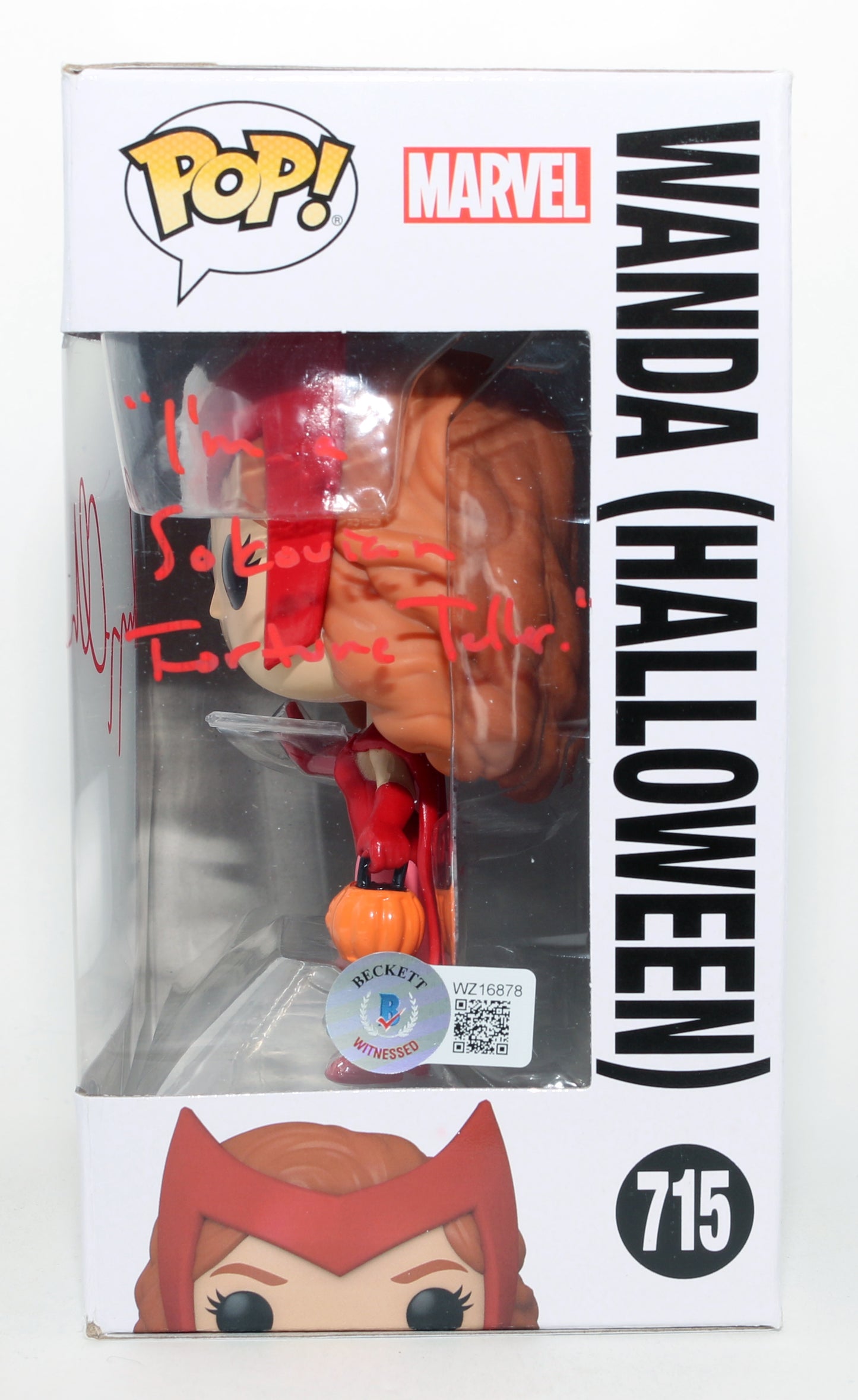 
                  
                    Elizabeth Olsen as Wanda [Halloween] in WandaVision (Beckett Witnessed) Signed Funko POP! #715 with Quote
                  
                