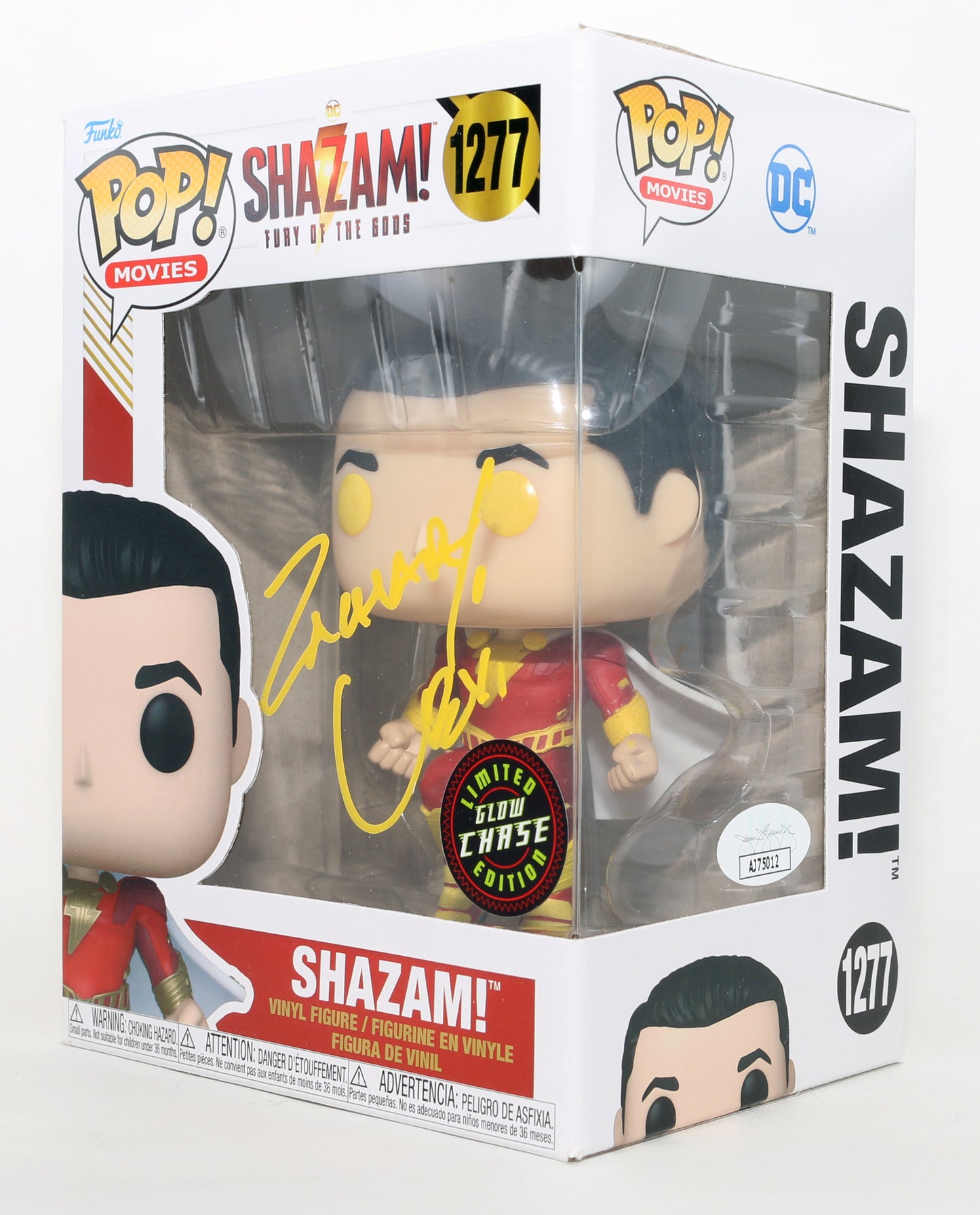 
                  
                    Zachary Levi as Shazam in Shazam! GITD Chase (JSA) Signed Funko POP! #1277
                  
                