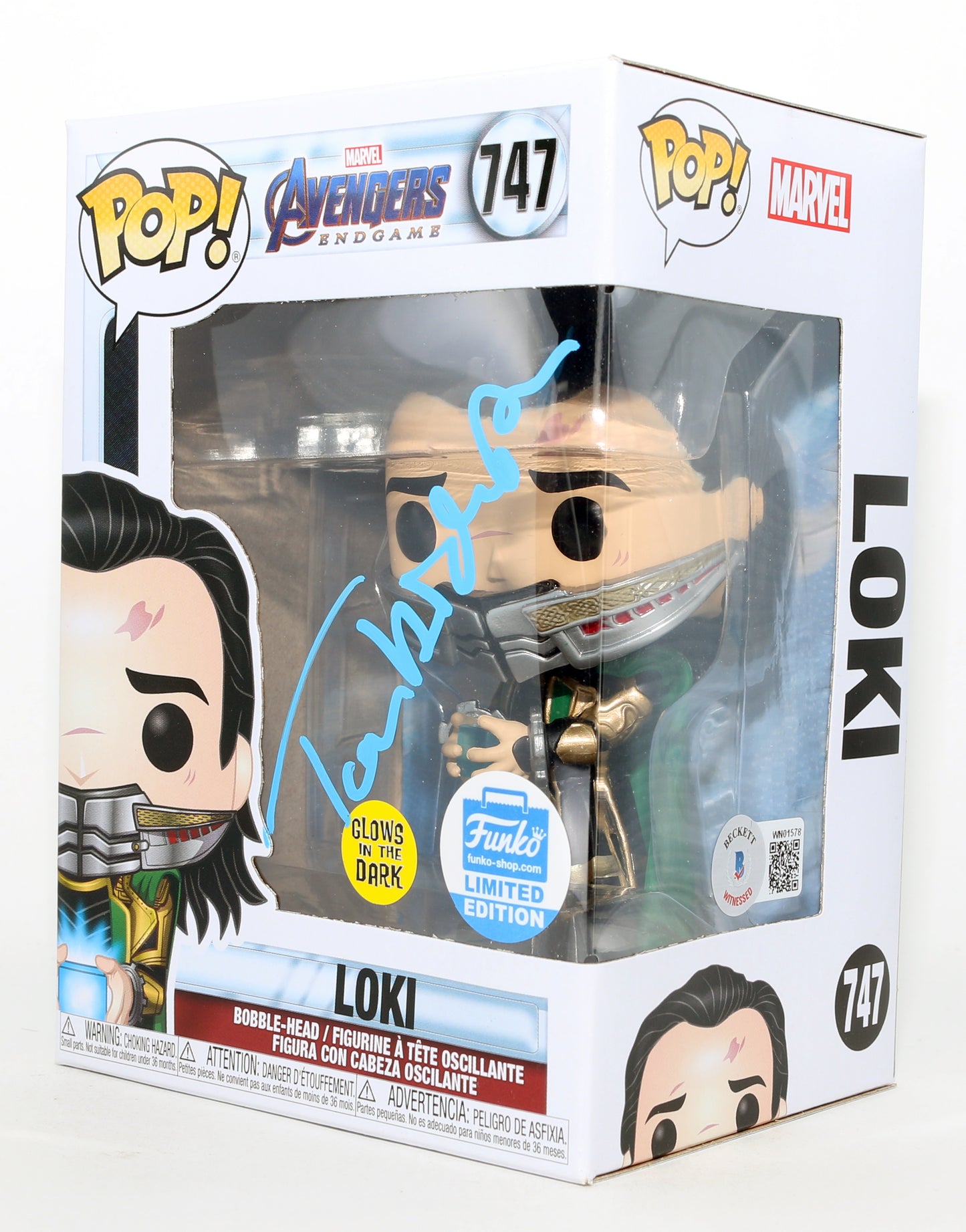 
                  
                    Tom Hiddleston as Loki in Avengers: Endgame GITD Funko Store Limited Edition (Beckett) Signed Funko POP! #747
                  
                