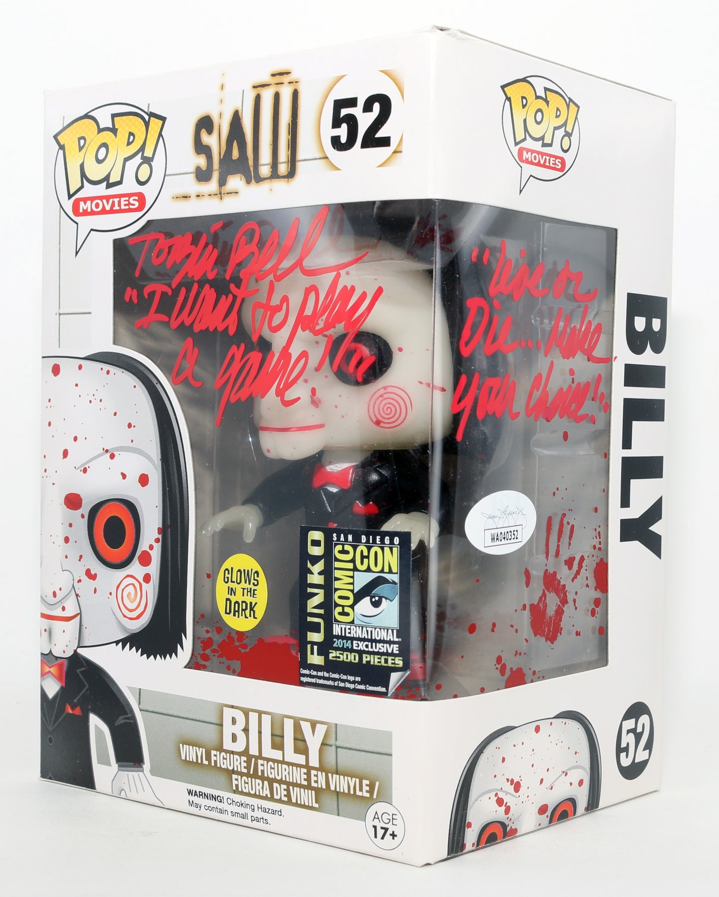 
                  
                    Tobin Bell as Jigsaw / BIlly in Saw GITD SDCC 2014 Limited to 2500 Pieces (JSA) Signed Funko POP! #52 with Quotes
                  
                