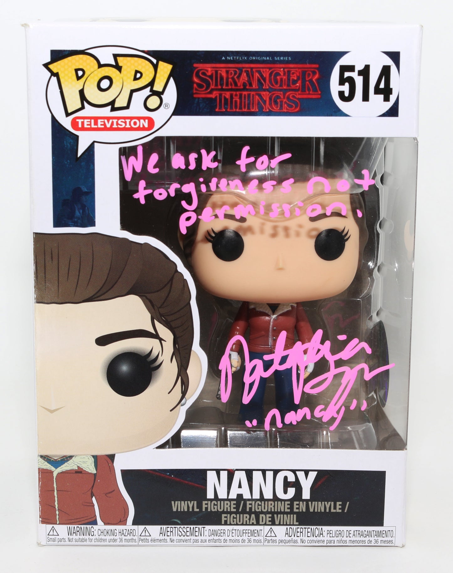 
                  
                    Natalia Dyer as Nancy Wheeler in Stranger Things Signed Funko POP! #514 with Character Name & Quote
                  
                