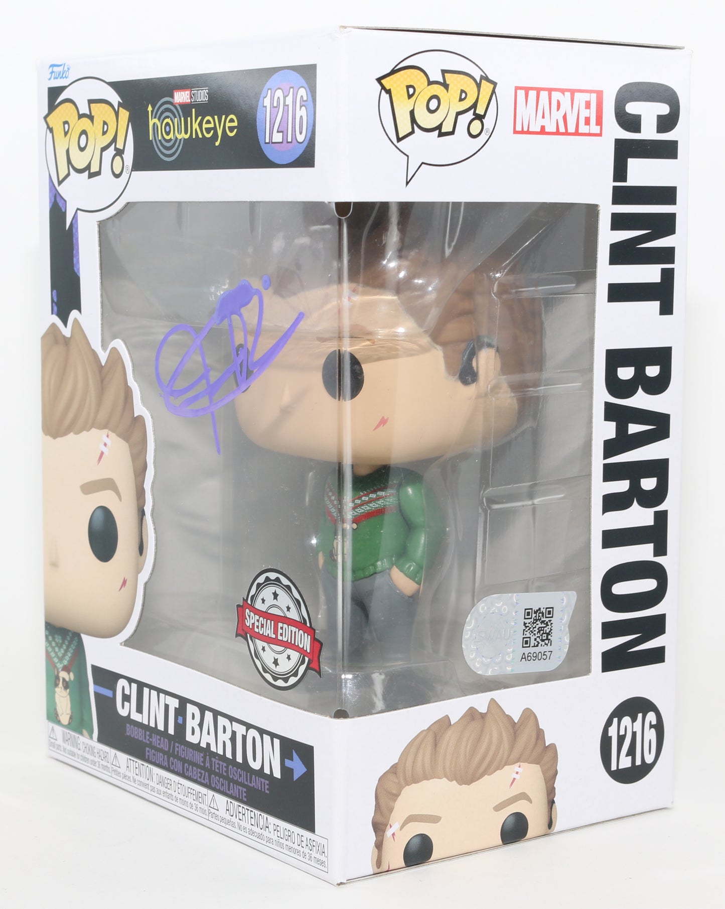 
                  
                    Jeremy Renner as Holiday Sweater Clint Barton in Hawkeye Special Edition (SWAU) Signed Funko POP! #1216
                  
                