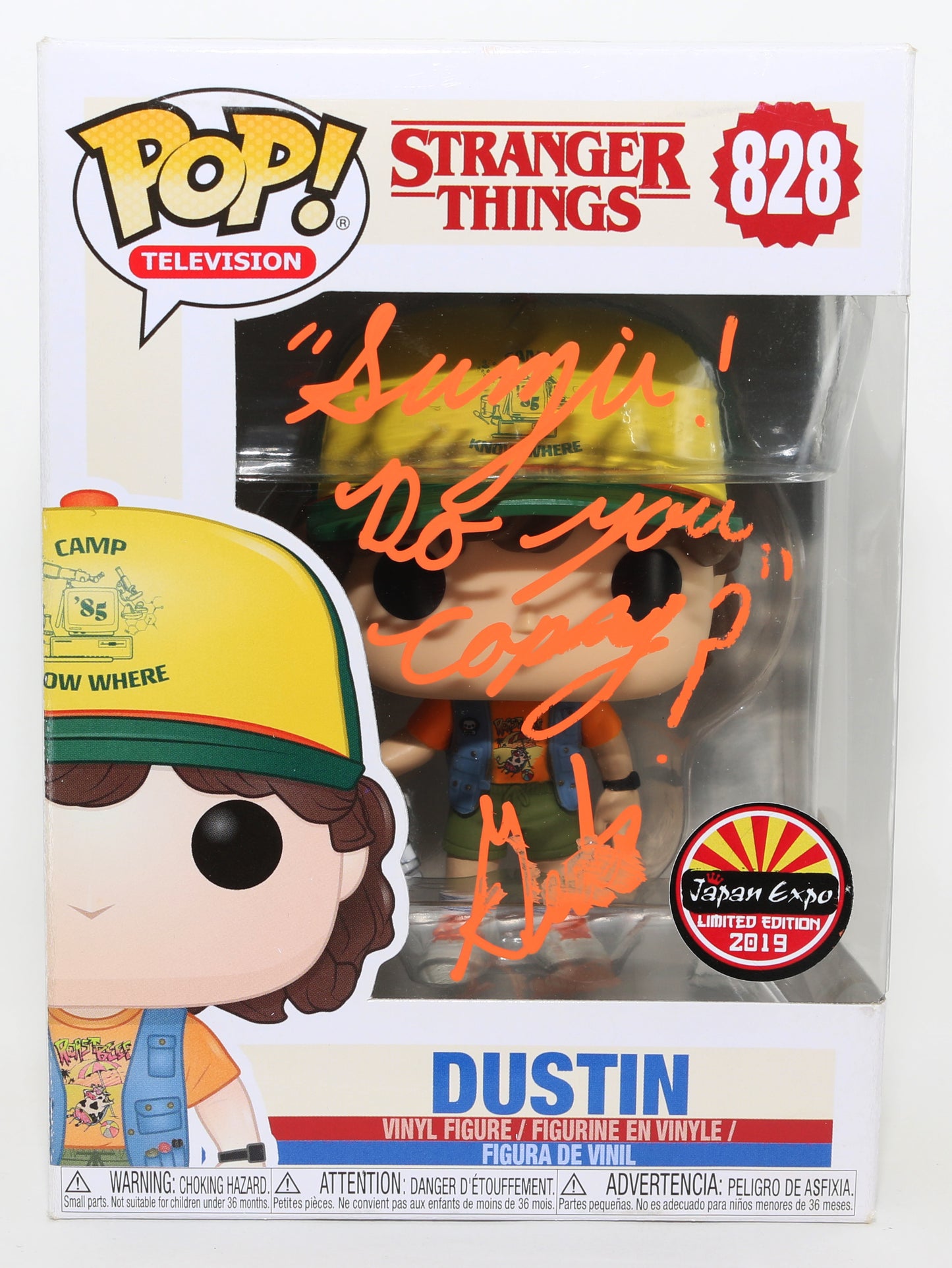 
                  
                    Gaten Matarazzo as Dustin Henderson in Stranger Things 2019 Japan Expo Limited Edition (ACOA) Signed Funko POP! #828 with Quote
                  
                