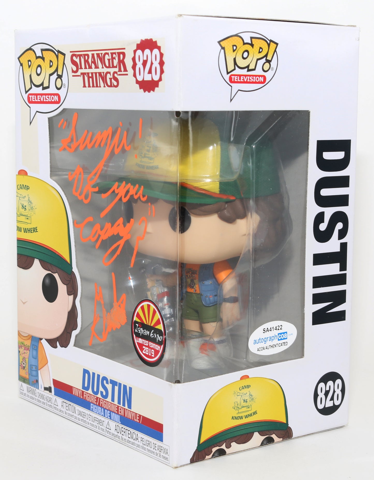 
                  
                    Gaten Matarazzo as Dustin Henderson in Stranger Things 2019 Japan Expo Limited Edition (ACOA) Signed Funko POP! #828 with Quote
                  
                