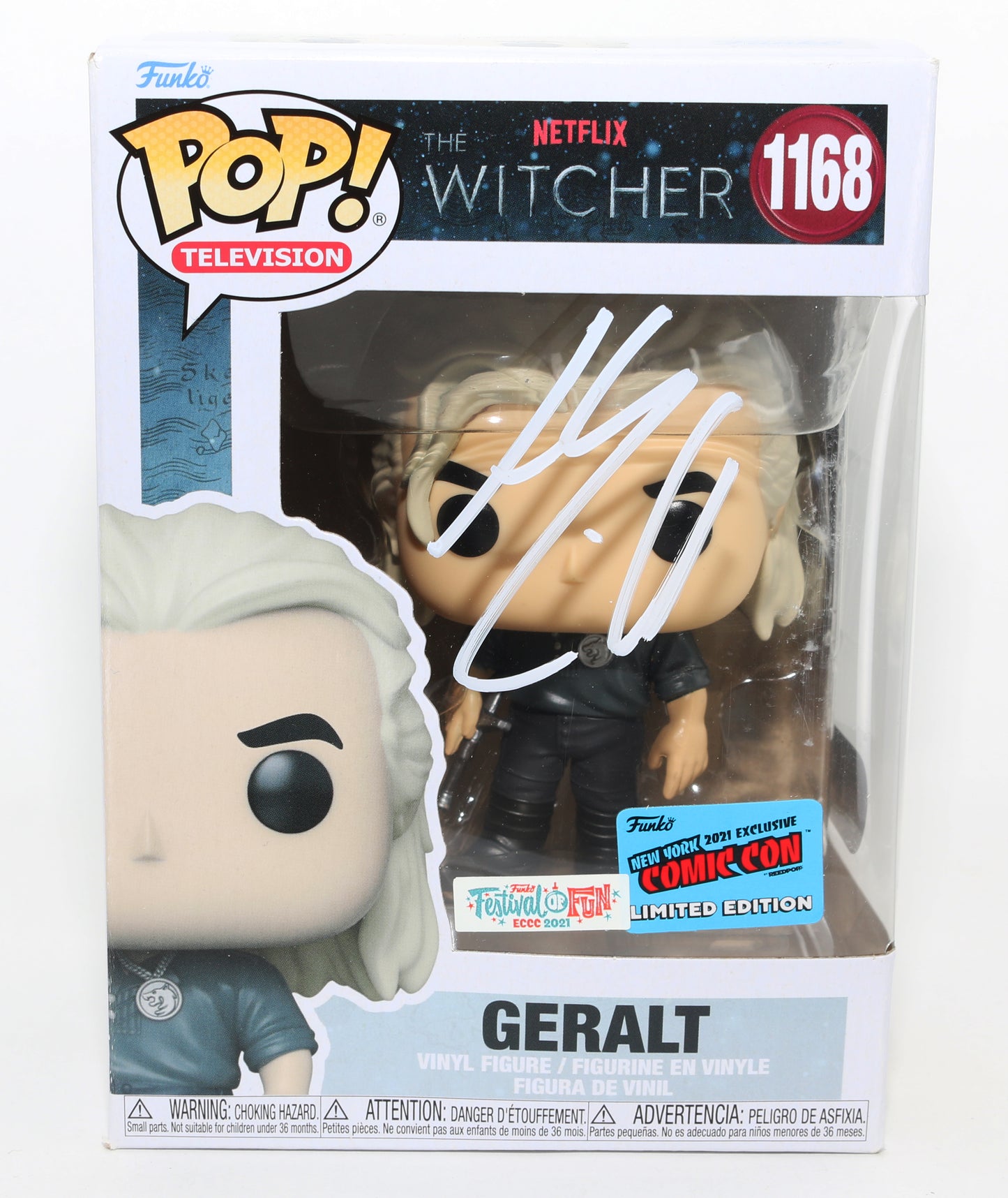 
                  
                    Henry Cavill as Geralt of Rivia in The Witcher 2021 ECCC Festival of Fun / 2021 NYCC Exclusive(SWAU) Signed Funko POP! #1168
                  
                