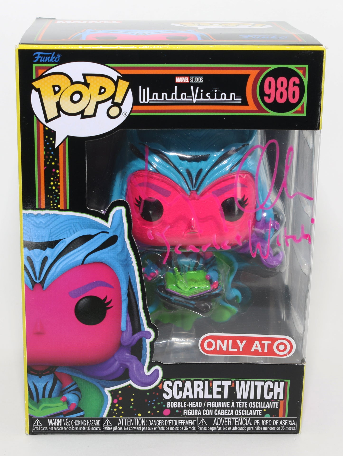 
                  
                    Elizabeth Olsen as Scarlet Witch in WandaVision Blacklight Target Exclusive (Beckett) Signed Funko POP! #986 with Character Name
                  
                
