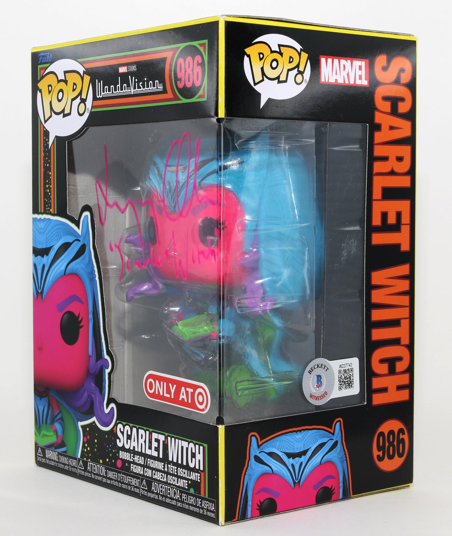 
                  
                    Elizabeth Olsen as Scarlet Witch in WandaVision Blacklight Target Exclusive (Beckett) Signed Funko POP! #986 with Character Name
                  
                