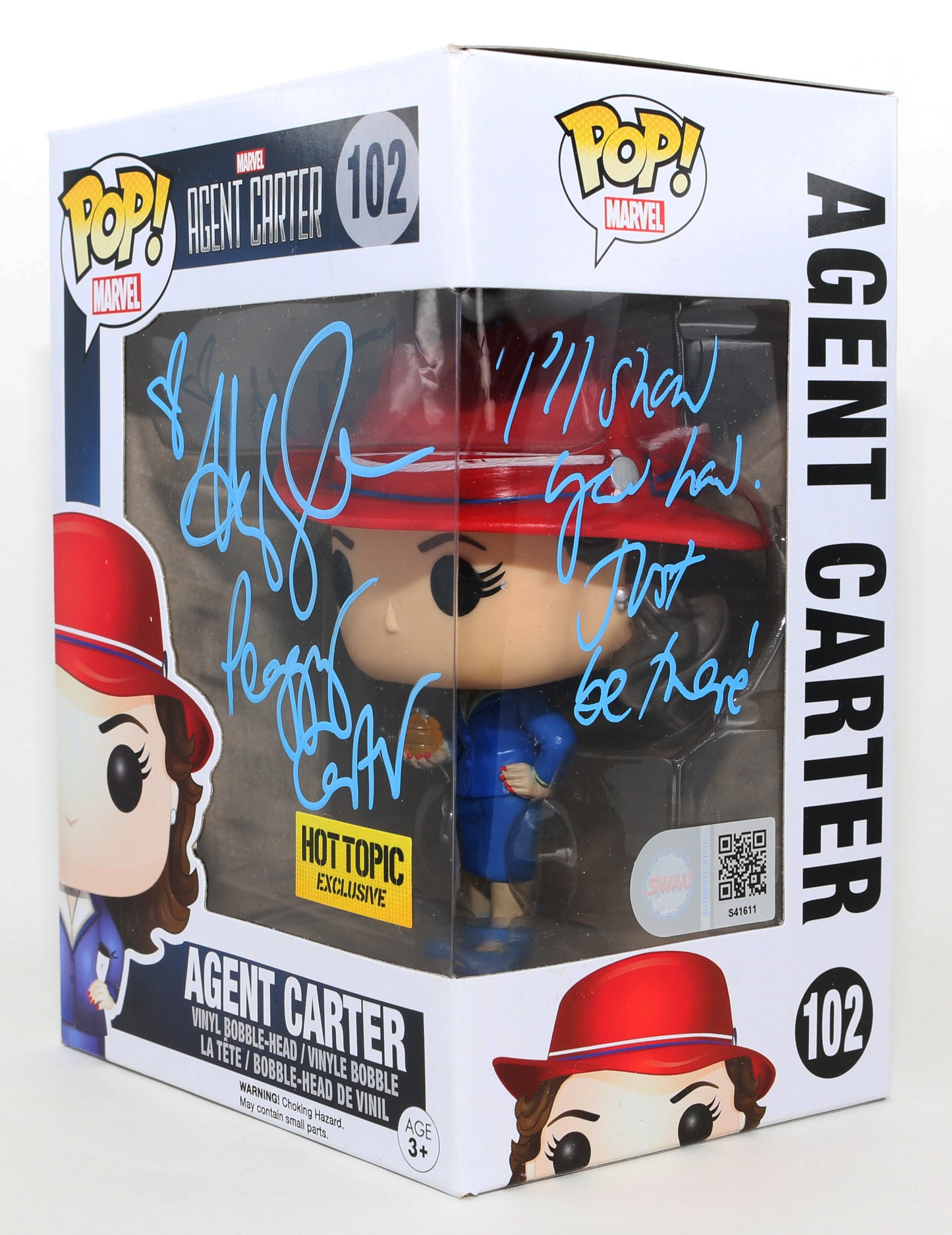 
                  
                    Hayley Atwell as Agent Peggy Carter in Marvel's Agent Carter Hot Topic Exclusive (SWAU) Signed Funko POP! #102 with Character Name & Quote
                  
                