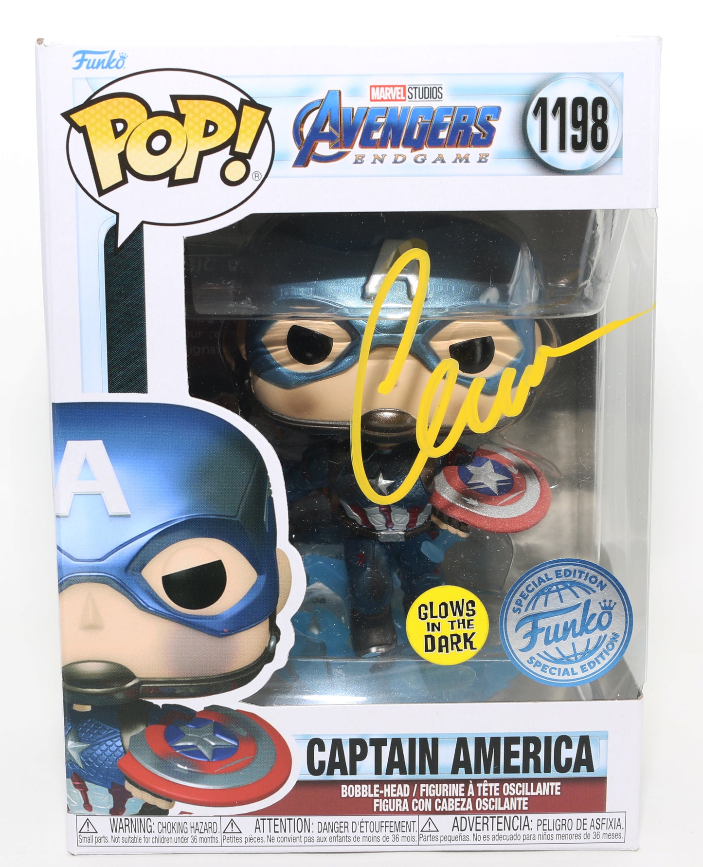 
                  
                    Chris Evans as Captain America in Avengers: Endgame GITD Special Edition (JSA) Signed Funko POP! #1198
                  
                