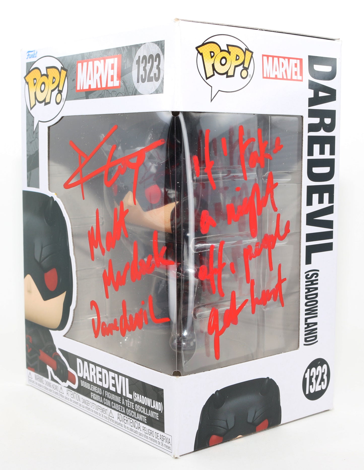 
                  
                    Charlie Cox as Shadowland Daredevil in Daredevil Signed Funko POP! #1323 with Character Name & Quote
                  
                