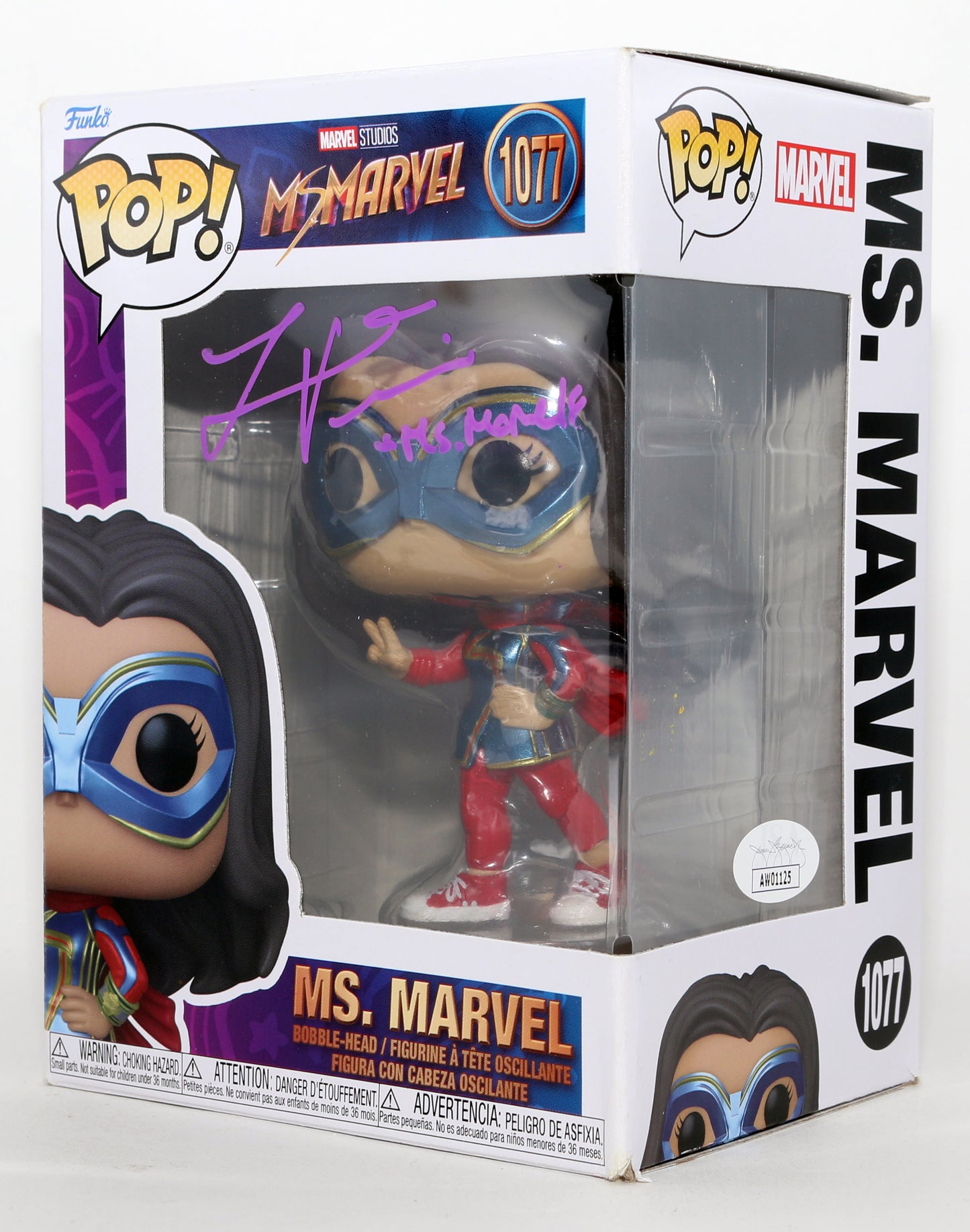 
                  
                    Iman Vellani as Kamala Khan in Ms. Marvel (JSA) Signed Funko POP! #1077 with Character Name
                  
                