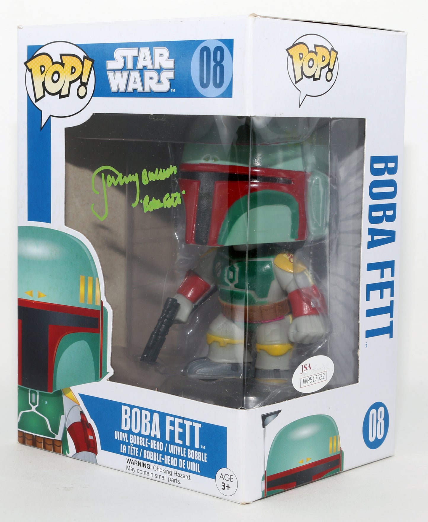 
                  
                    Jeremy Bulloch as Boba Fett in Star Wars: The Empire Strikes Back (JSA) Signed Funko POP! #08 with Character Name
                  
                