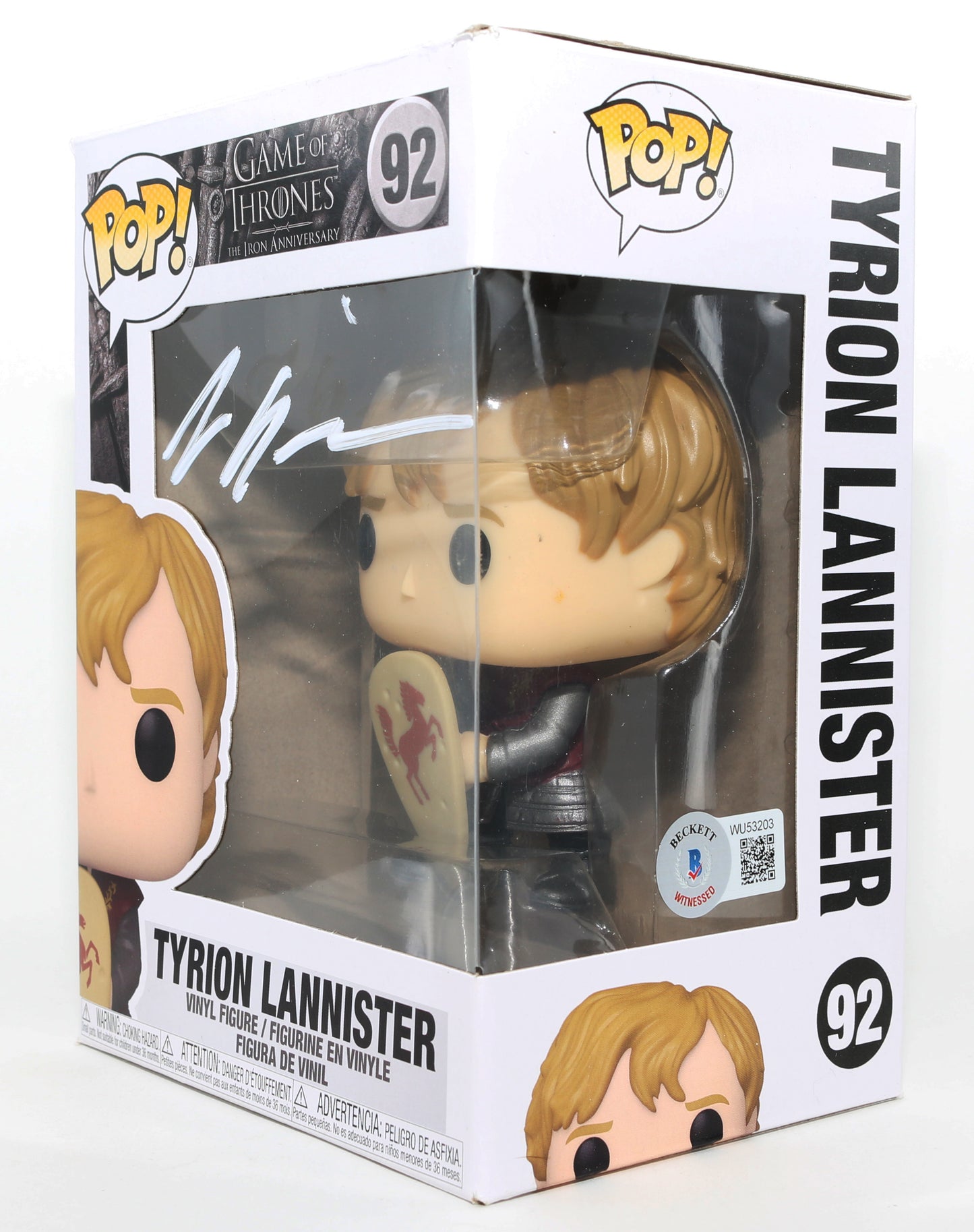 
                  
                    Peter Dinklage as Tyrion Lannister in Game of Thrones (Beckett Witnessed) Signed Funko POP! #92
                  
                