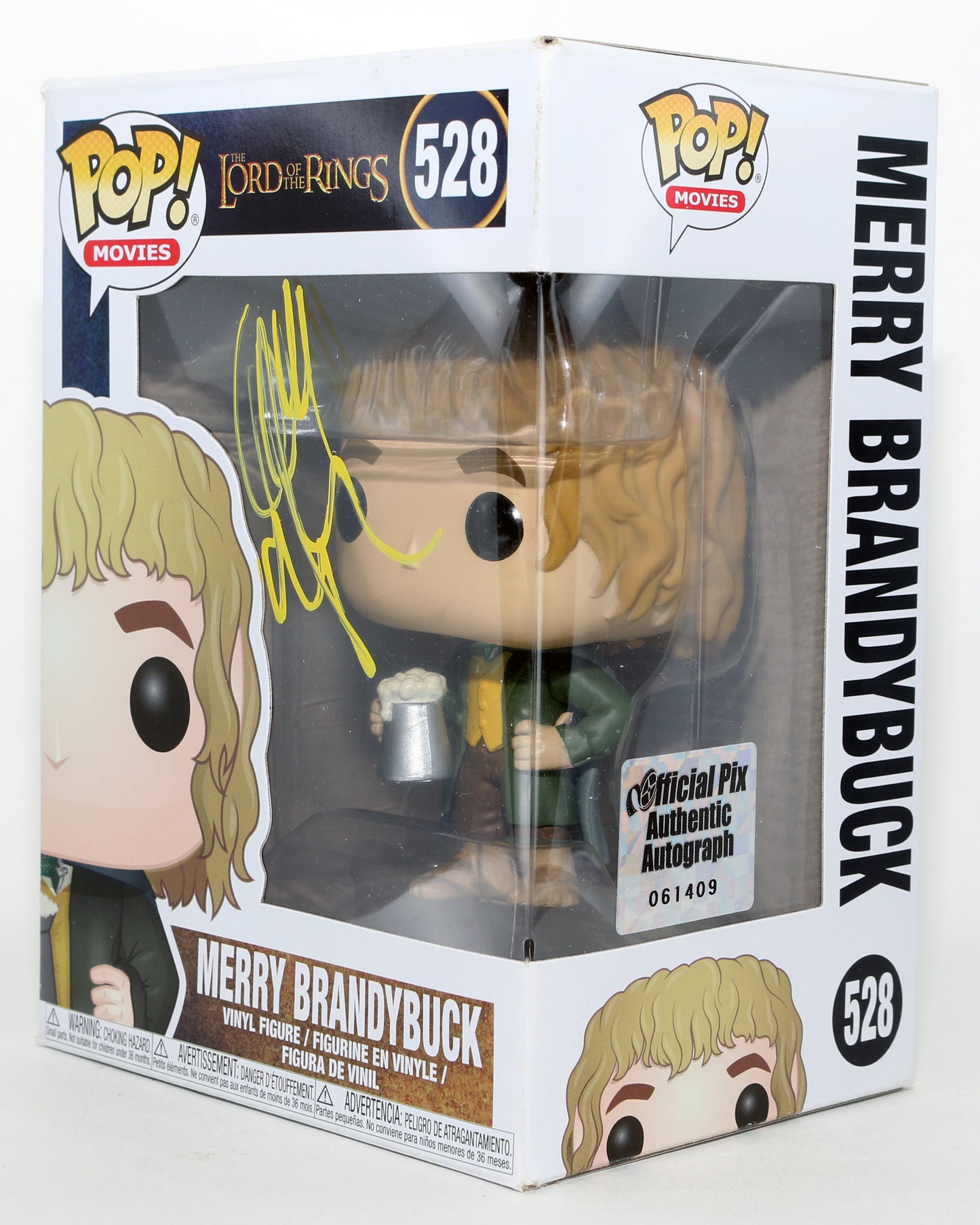 
                  
                    Dominic Monaghan as Merry Brandybuck in The Lord of the Rings Pristine Authentic (Official Pix) Signed Funko POP! #528
                  
                