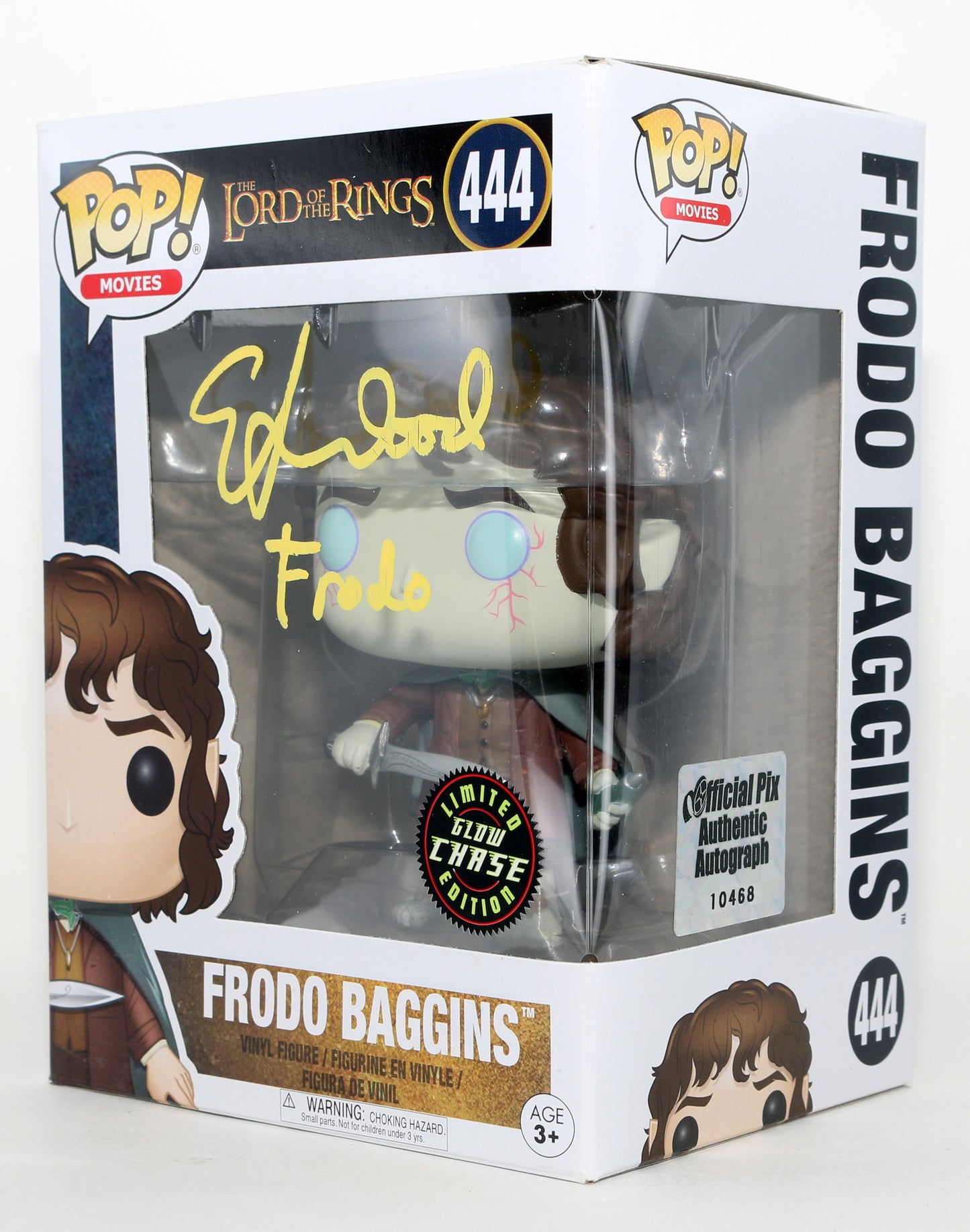 
                  
                    Elijah Wood as Frodo Baggins in The Lord of the Rings Glow Chase Limited Edition (Official Pix) Signed Funko POP! #444 with Character Name
                  
                