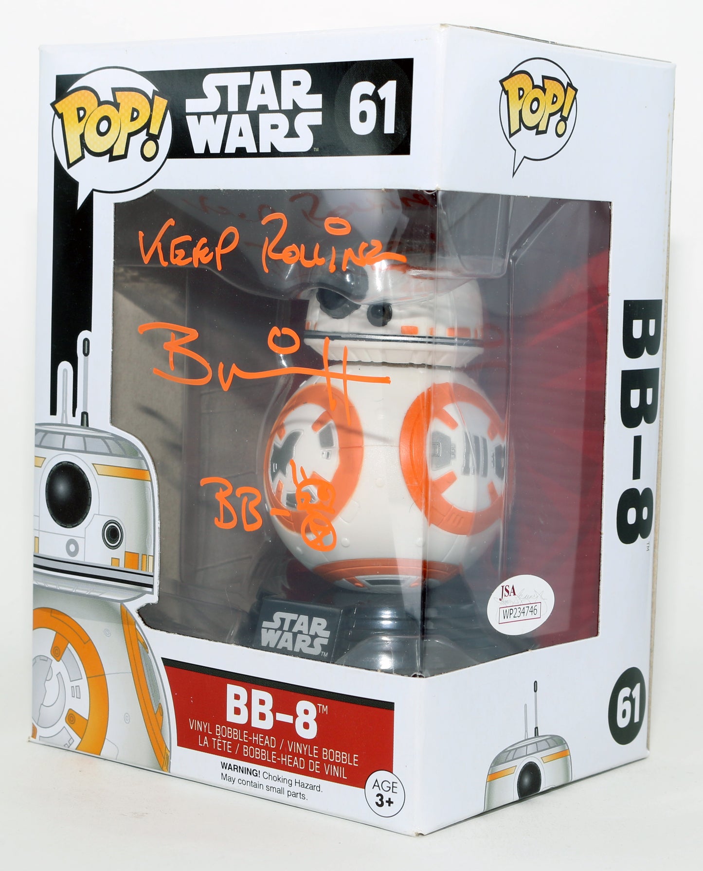 
                  
                    Brian Herring as BB-8 in Star Wars: The Force Awakens (JSA) Signed Funko POP! #61 with Character Name & Quote
                  
                