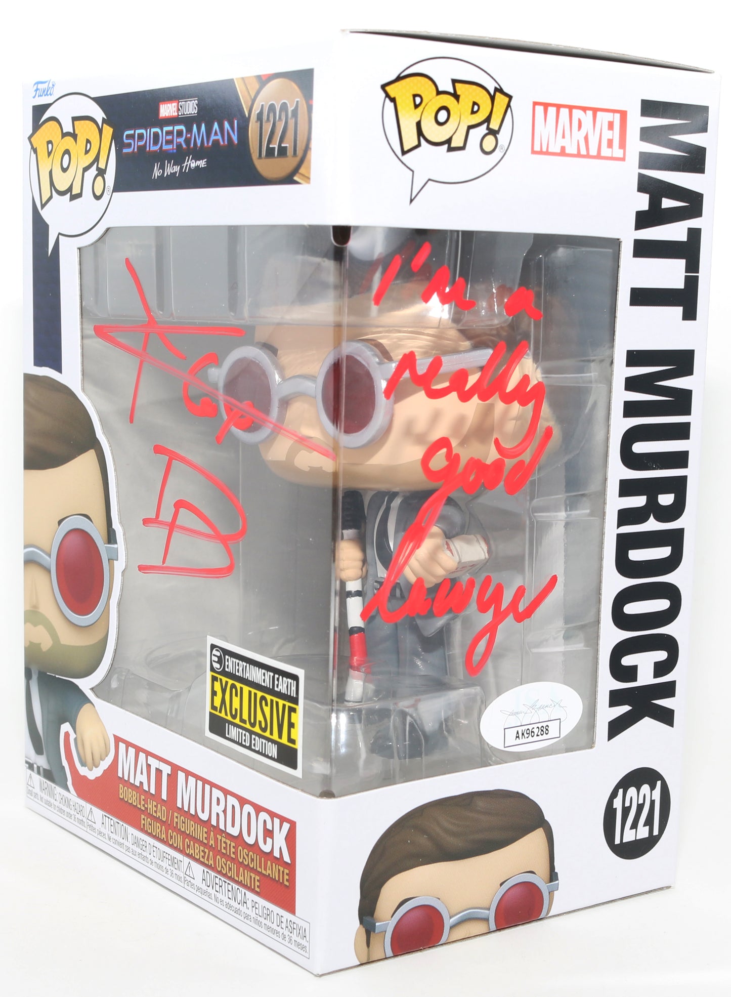 
                  
                    Charlie Cox as Matt Murdock in Spider-Man: No Way Home  Entertainment Earth Exclusive (JSA) Signed Funko POP! #1221 with Character Name & Quote
                  
                