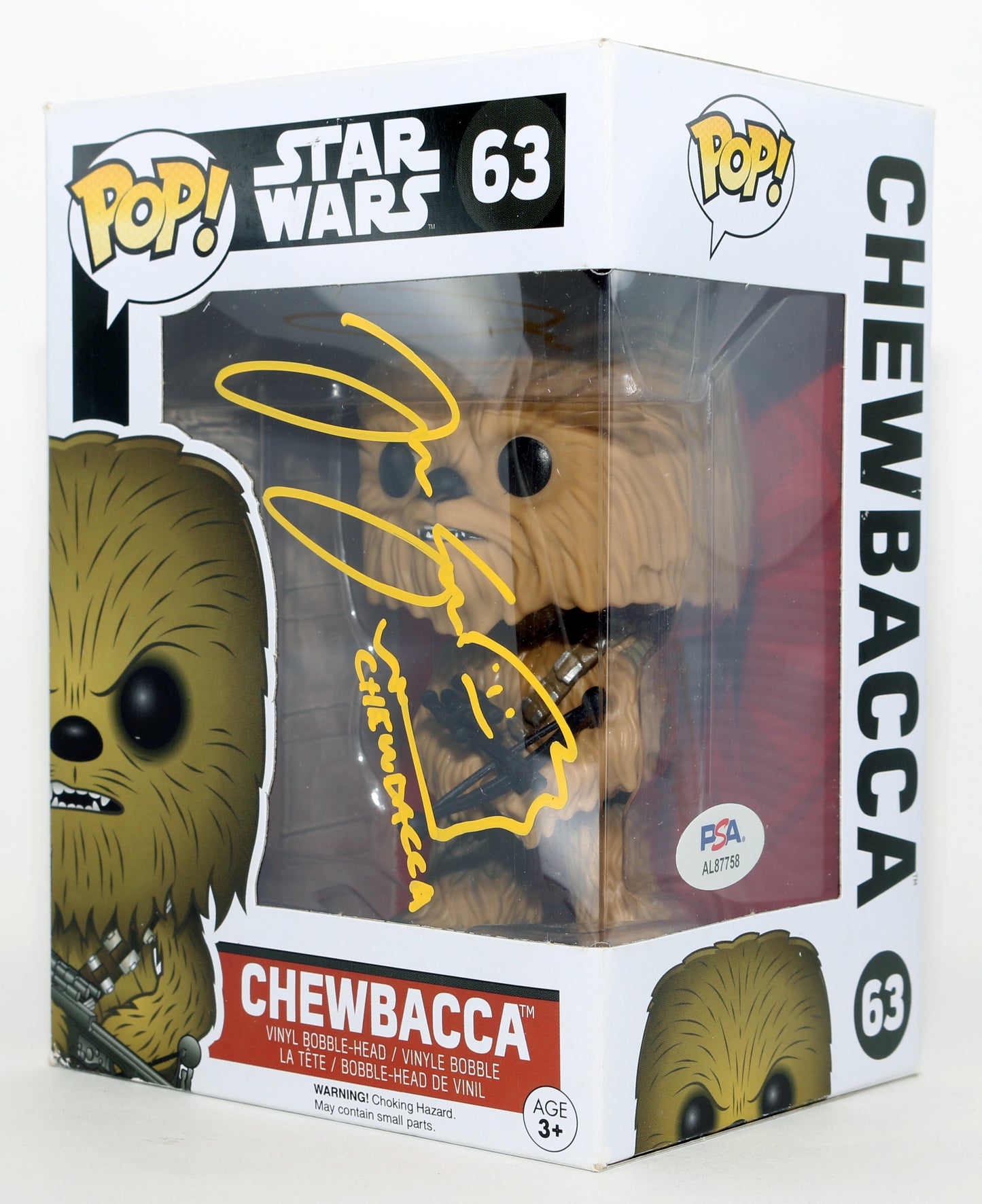 
                  
                    Joonas Suotamo as Chewbacca in Star Wars: The Force Awakens (PSA) Signed Funko POP! #63 with Charcter Name Remark
                  
                
