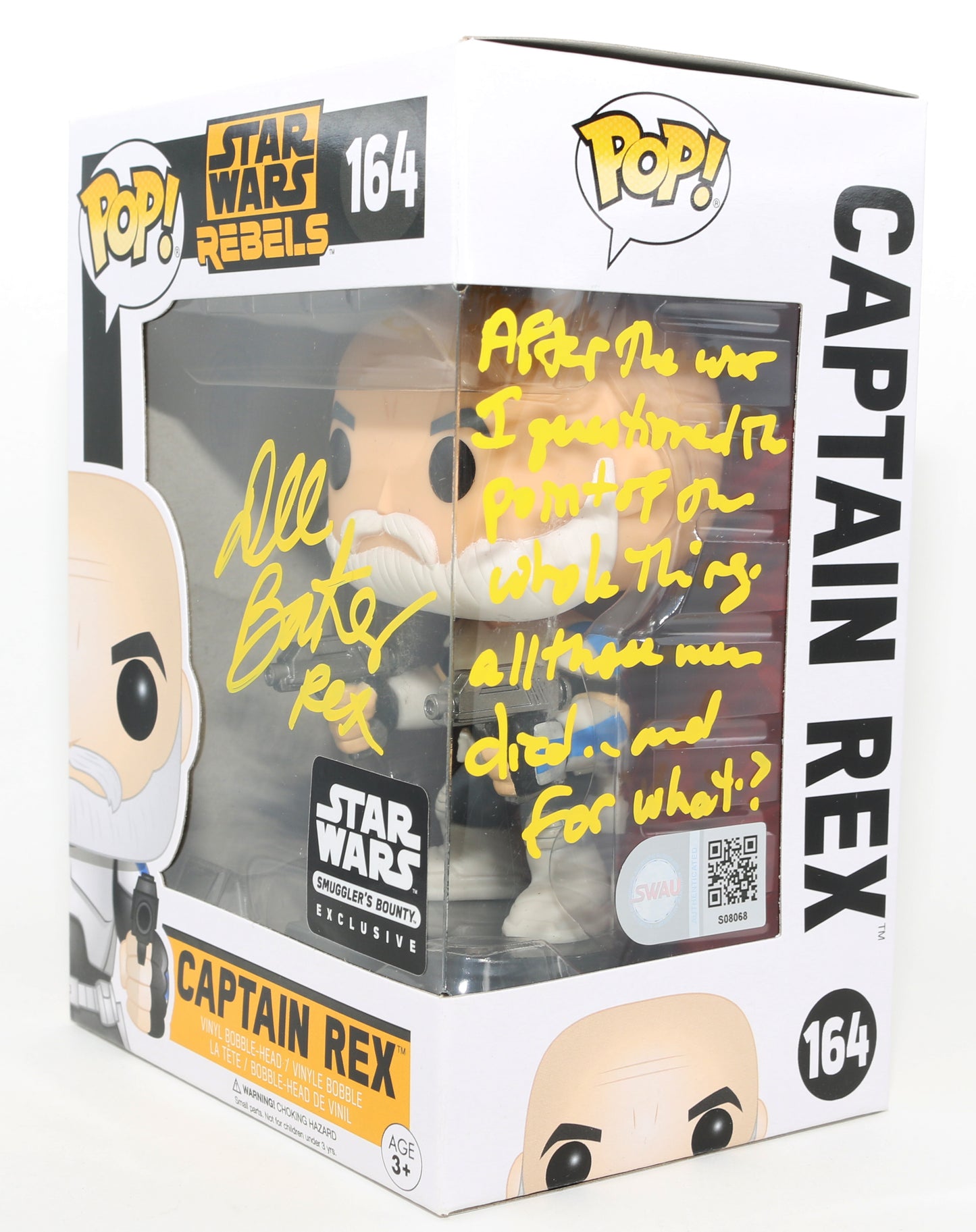 
                  
                    Dee Bradley Baker as Captain Rex in Star Wars: The Clone Wars Smuggler's Bounty Exclusive (SWAU) Signed Funko POP! #164 with Character Name & Quote
                  
                