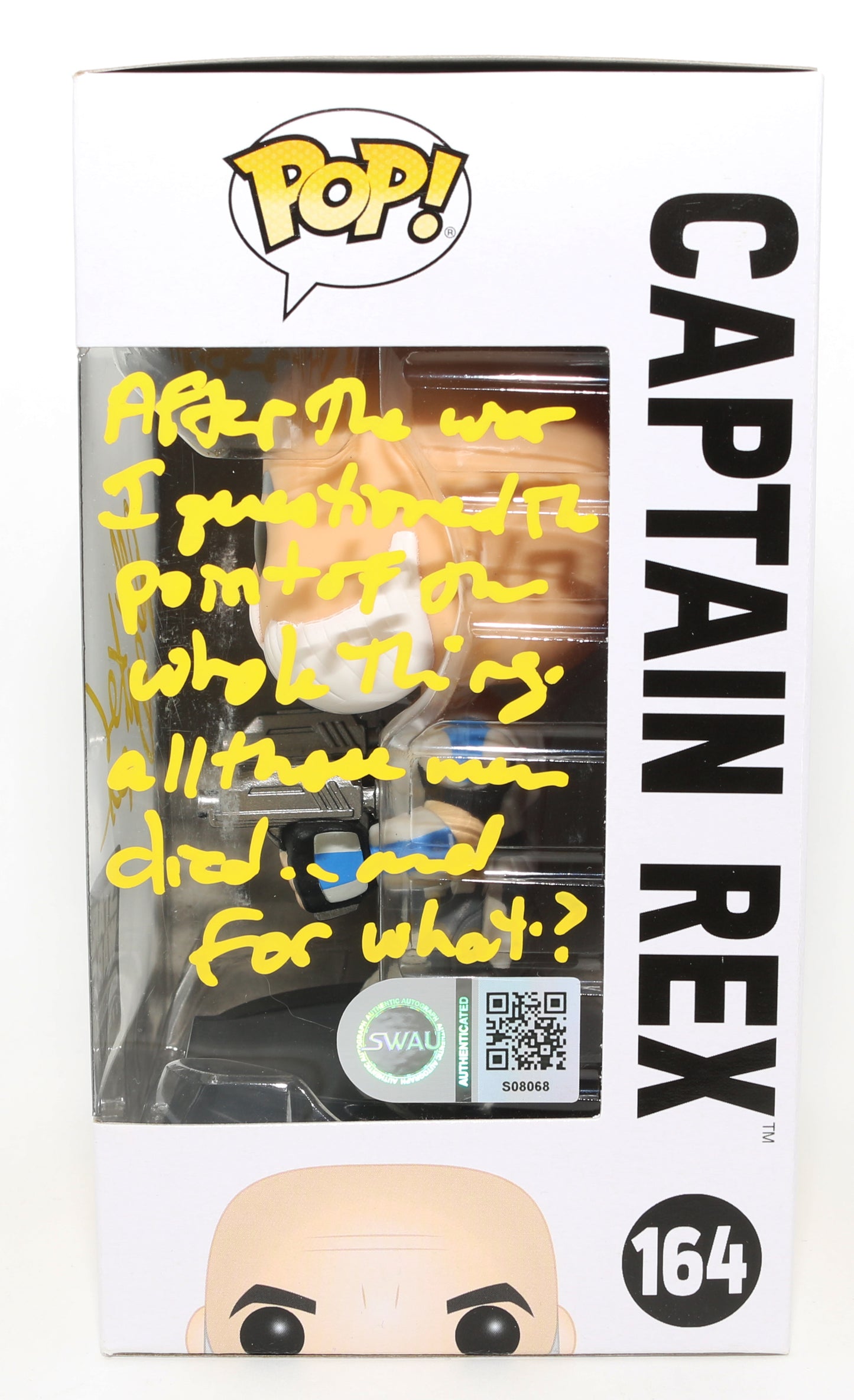 
                  
                    Dee Bradley Baker as Captain Rex in Star Wars: The Clone Wars Smuggler's Bounty Exclusive (SWAU) Signed Funko POP! #164 with Character Name & Quote
                  
                