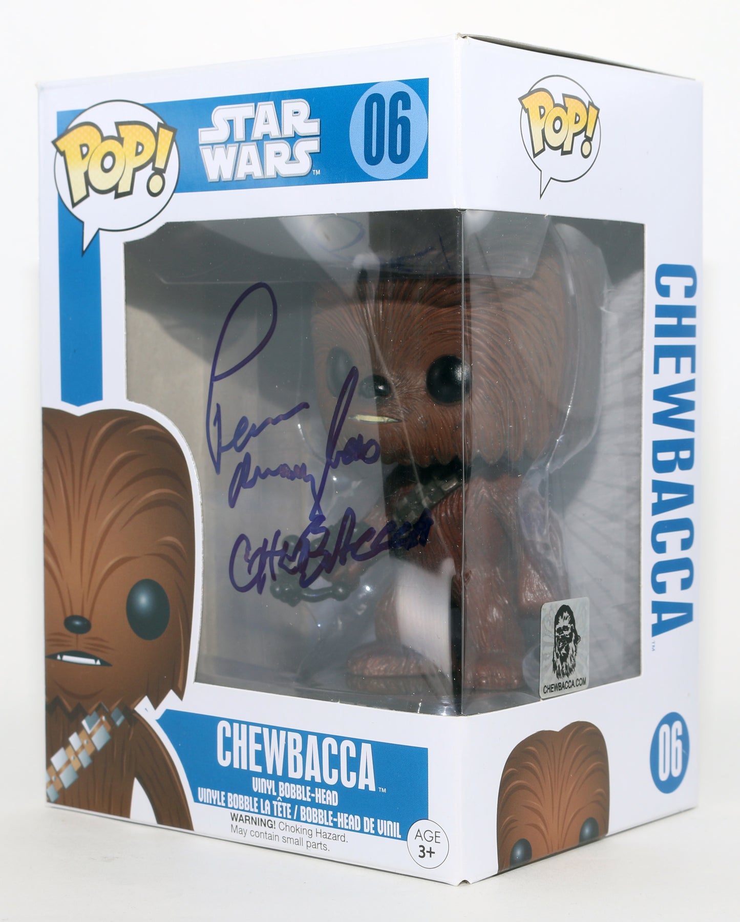 
                  
                    Peter Mayhew as Chewbacca in Star Wars Signed Funko POP! #06 with Character Name - Rare
                  
                