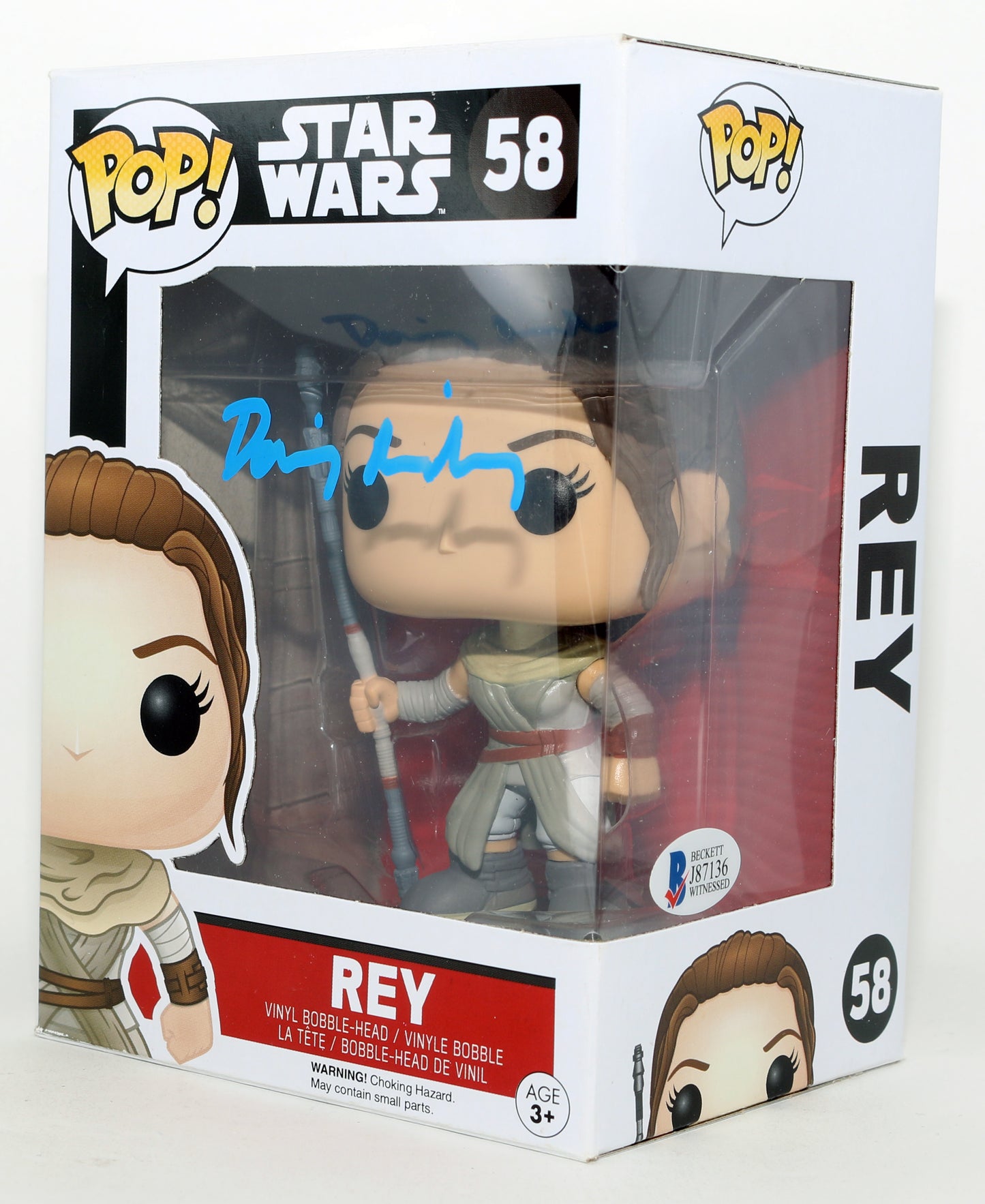 
                  
                    Daisy Ridley as Rey in Star Wars: The Force Awakens (Beckett Witnessed) Signed Funko POP! #58
                  
                