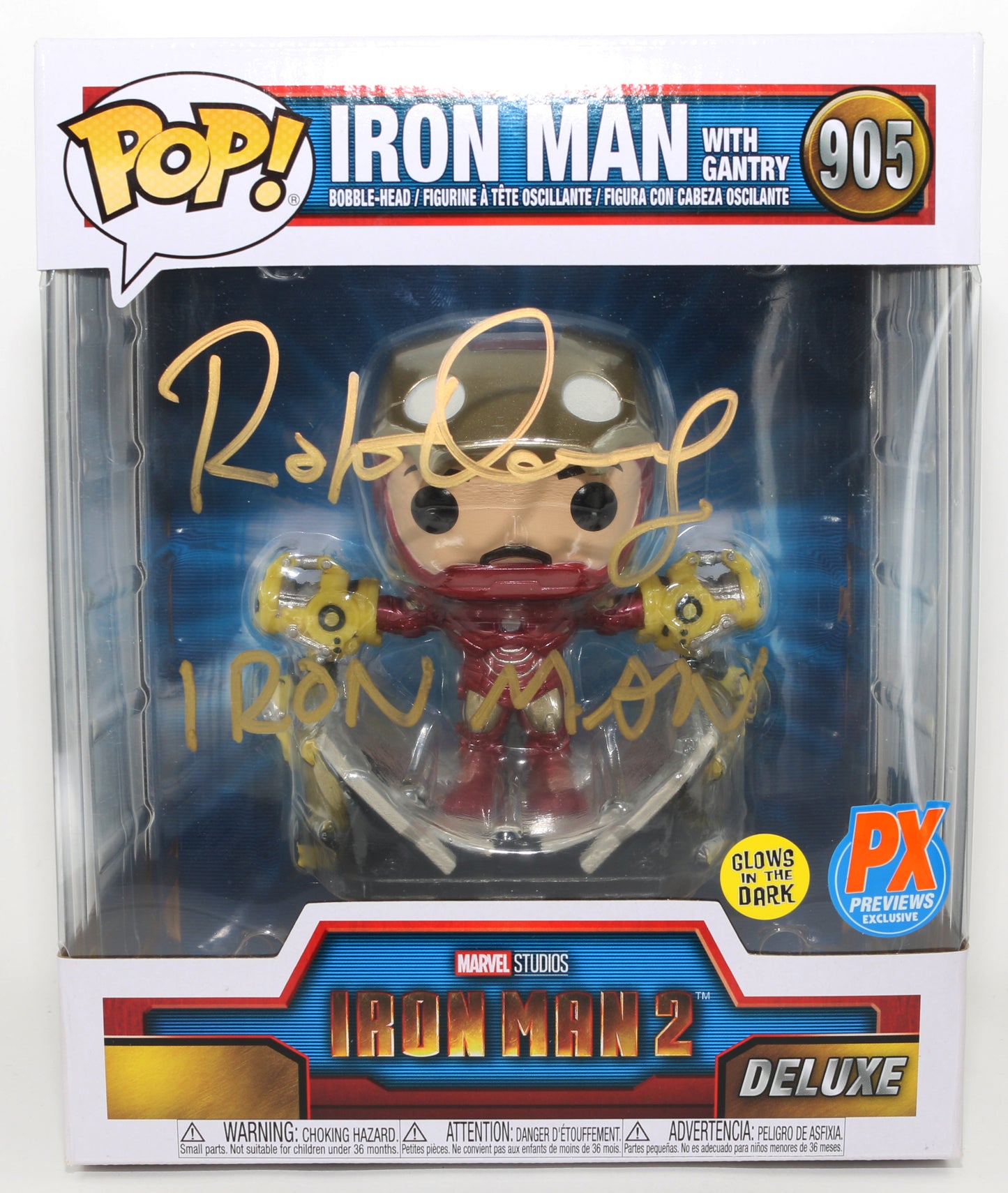 
                  
                    Robert Downey Jr. as Iron Man with Gantry in Iron Man 2 GITD Previews Exclusive (SWAU) Signed Jumbo Funko POP! #905 with Character Name
                  
                