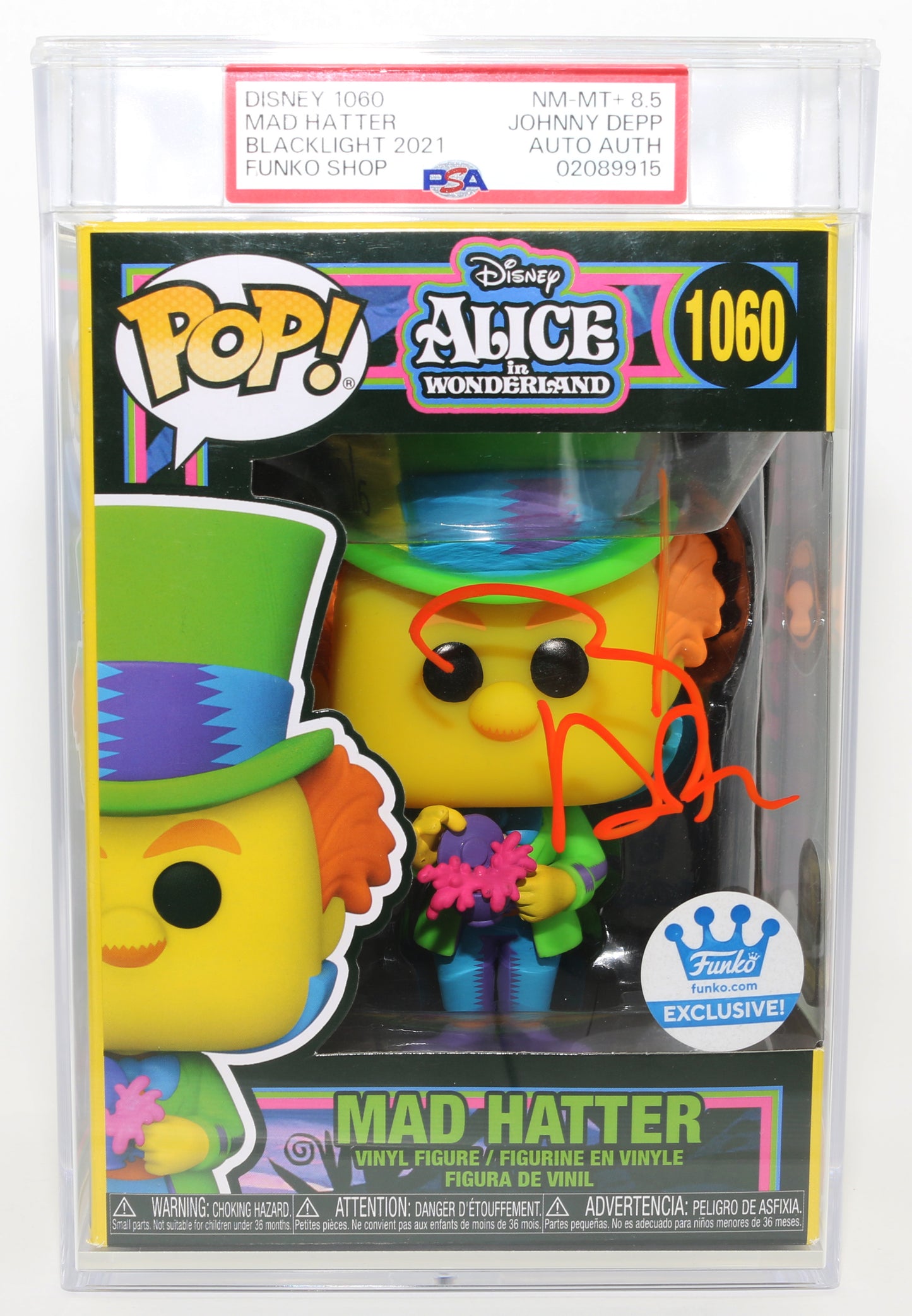 
                  
                    Johnny Depp as The Mad Hatter in Alice in Wonderland Blacklight Funko Store Exclusive (PSA Encapsulated Grade 8.5)  Signed Funko POP! #1060
                  
                