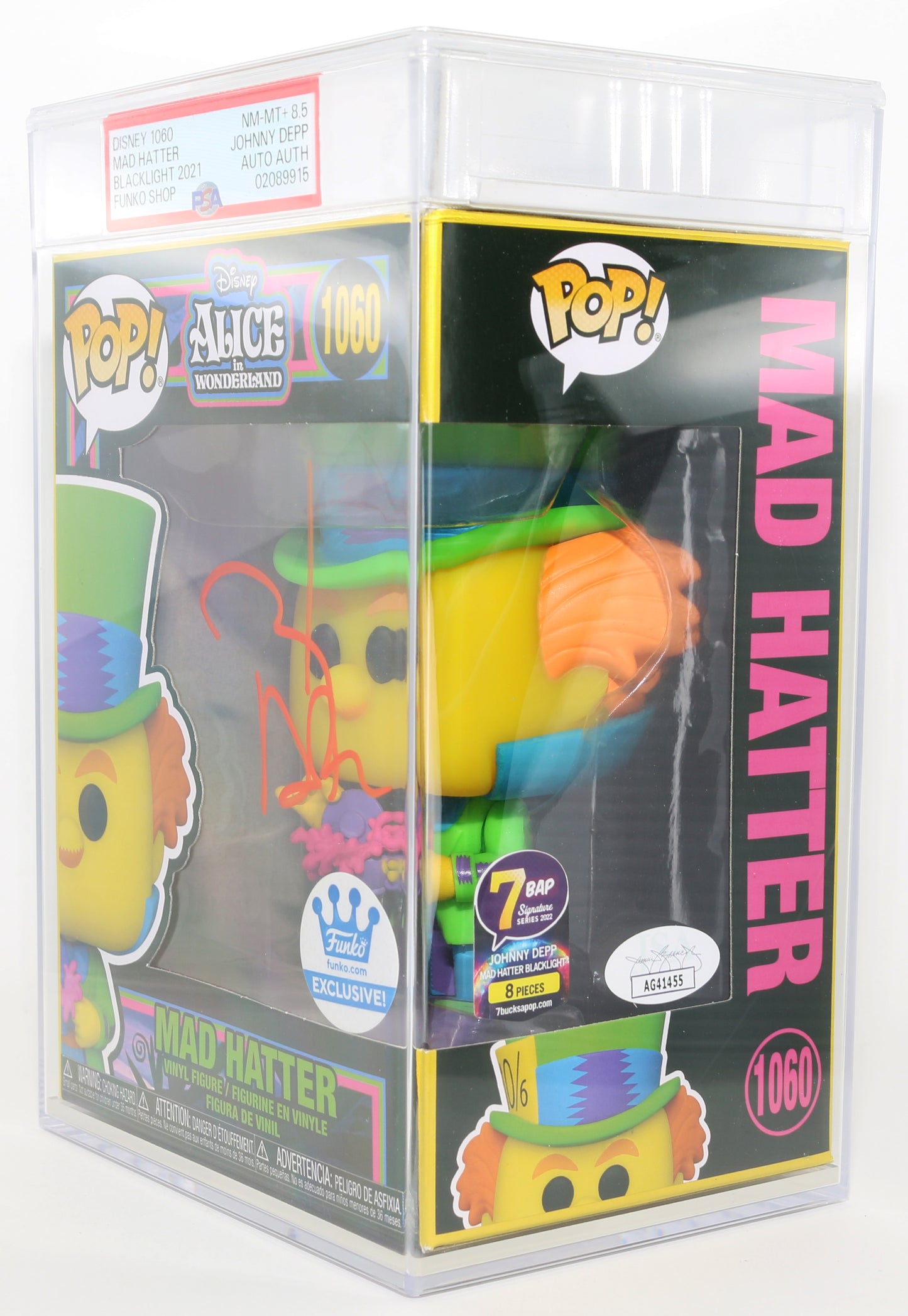 
                  
                    Johnny Depp as The Mad Hatter in Alice in Wonderland Blacklight Funko Store Exclusive (PSA Encapsulated Grade 8.5)  Signed Funko POP! #1060
                  
                