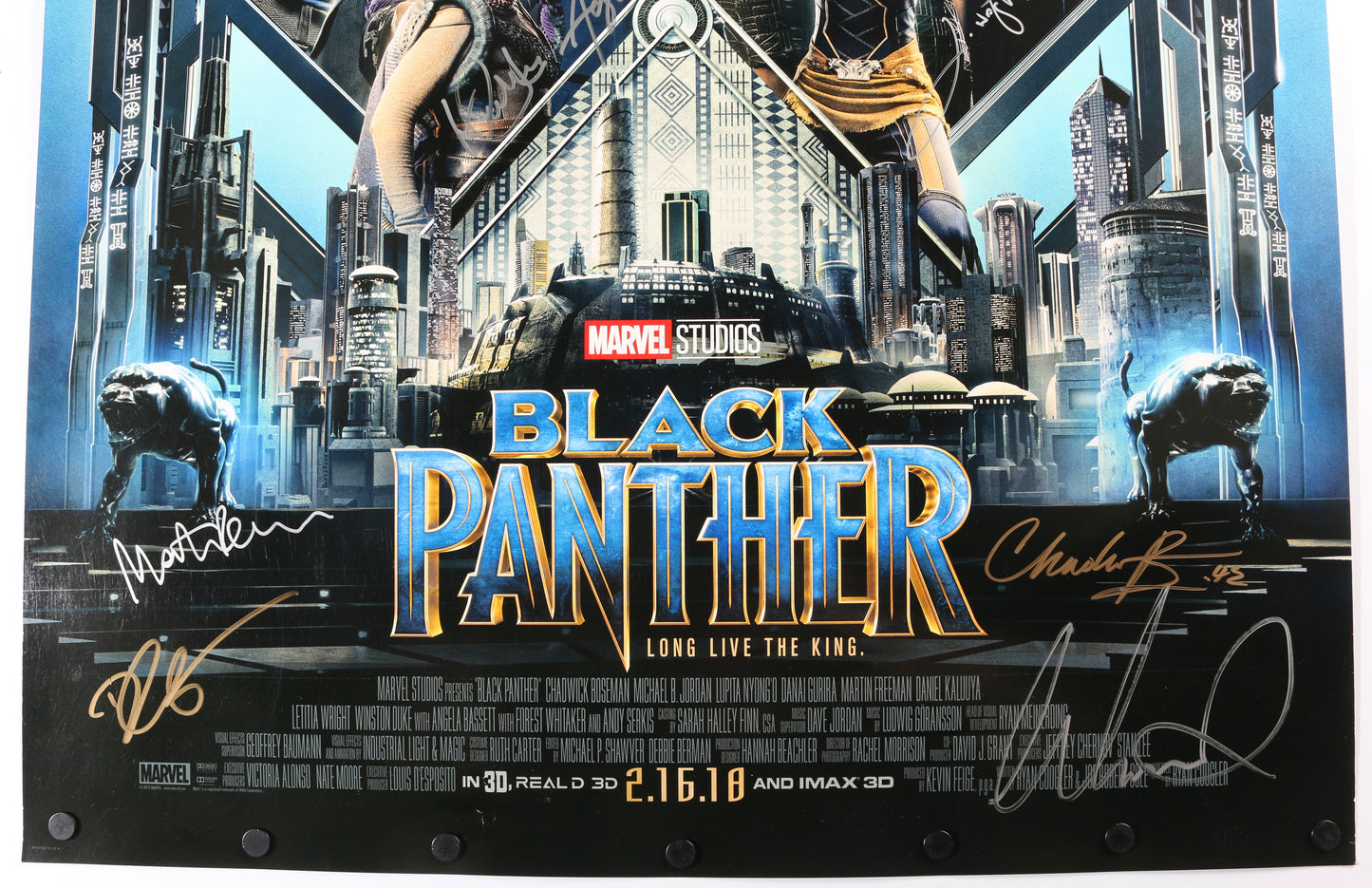 
                  
                    Black Panther 27x40 Poster Cast Signed by Chadwick Boseman, Michael B. Jordan, Lupita Nyong'o, Letitia Wright, Danai Gurira, Martin Freeman, Daniel Kaluuya, Angela Bassett, Forest Whitaker, Winston Duke, Andy Serkis, & Director: Ryan Coogler
                  
                