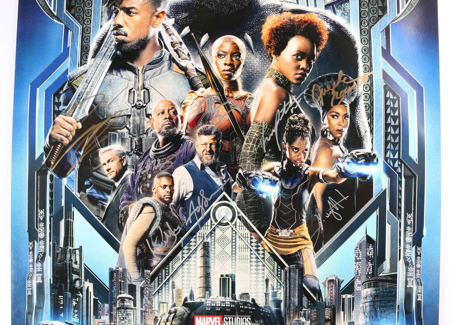 
                  
                    Black Panther 27x40 Poster Cast Signed by Chadwick Boseman, Michael B. Jordan, Lupita Nyong'o, Letitia Wright, Danai Gurira, Martin Freeman, Daniel Kaluuya, Angela Bassett, Forest Whitaker, Winston Duke, Andy Serkis, & Director: Ryan Coogler
                  
                