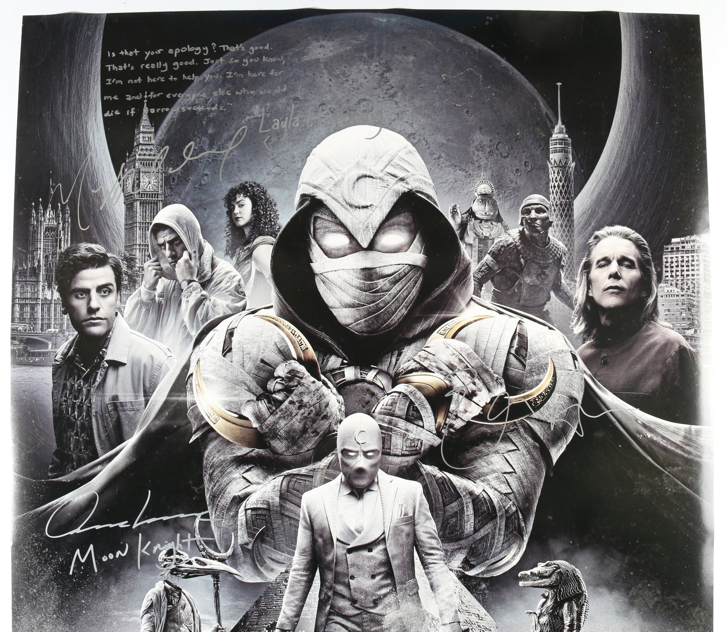 
                  
                    Oscar Isaac as Marc Spector, May Calamawy as Layla El-Faouly, & Ethan Hawke as Arthur Harrow in Moon Knight Signed 27x40 Poster with Character Names & Quotes
                  
                