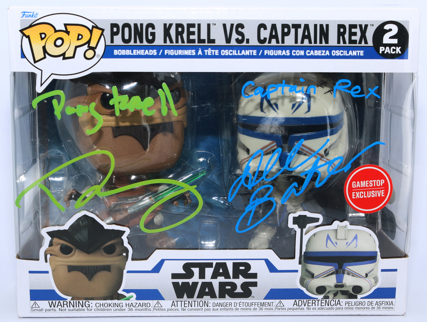 
                  
                    Dave Fennoy as Pong Krell & Dee Bradley Baker as Captain Rex in Star Wars: The Clone Wars GameStop Exclusive (SWAU / JSA) Signed Funko POP! 2-Pack with Character Names
                  
                