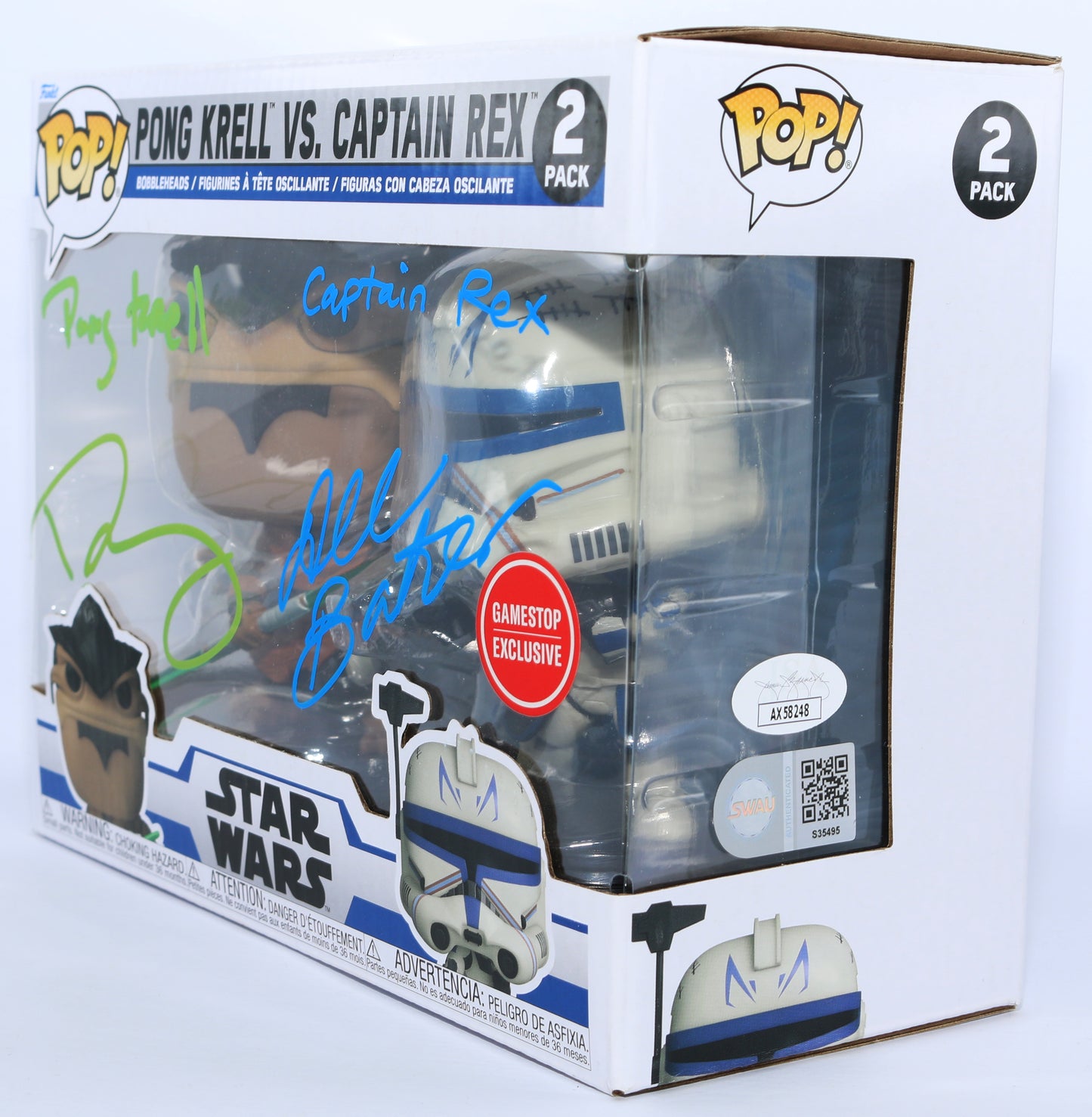 
                  
                    Dave Fennoy as Pong Krell & Dee Bradley Baker as Captain Rex in Star Wars: The Clone Wars GameStop Exclusive (SWAU / JSA) Signed Funko POP! 2-Pack with Character Names
                  
                