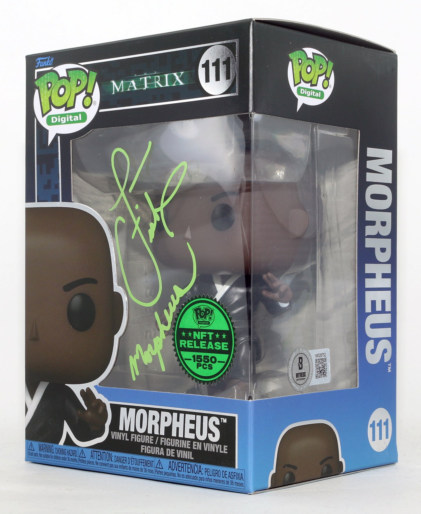 
                  
                    Laurence Fishburne as Morpheus in The Matrix NFT Release 1550 PCS (Beckett Witnessed) Signed Funko POP! #111 with Character Name
                  
                