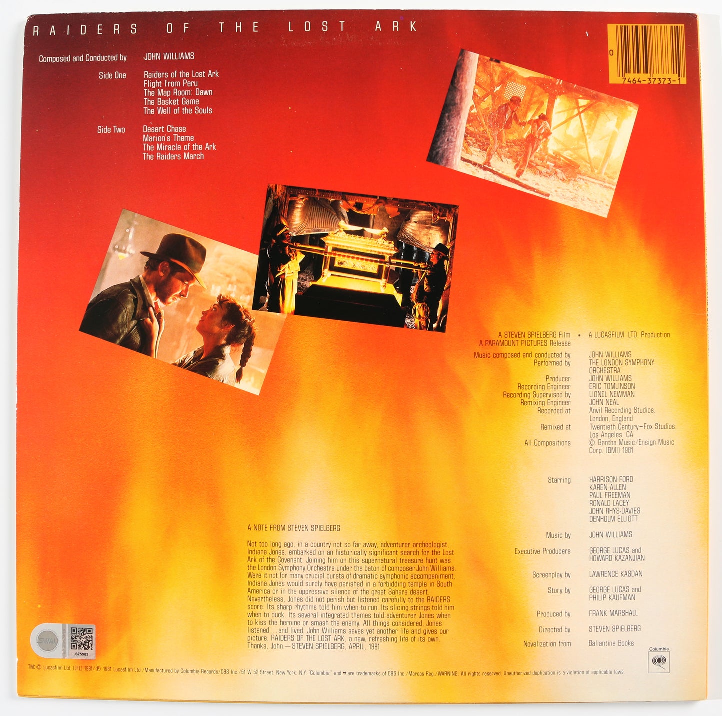 
                  
                    Indiana Jones & the Raiders of the Lost Ark Original Motion Picture Soundtrack 12" Vinyl LP Record Sleeve (SWAU) Signed by Composer: John Williams
                  
                