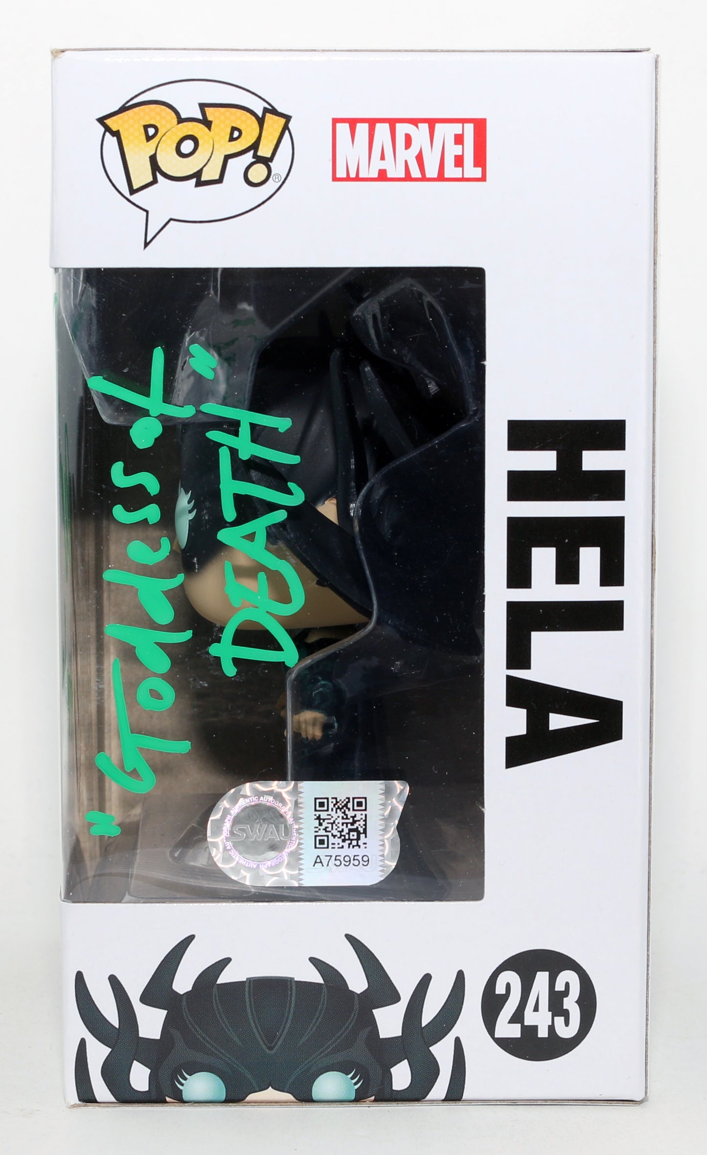 
                  
                    Cate Blanchett as Hela in Thor: Ragnarok (SWAU) Signed Funko POP! #243 with Character Name & Quote
                  
                