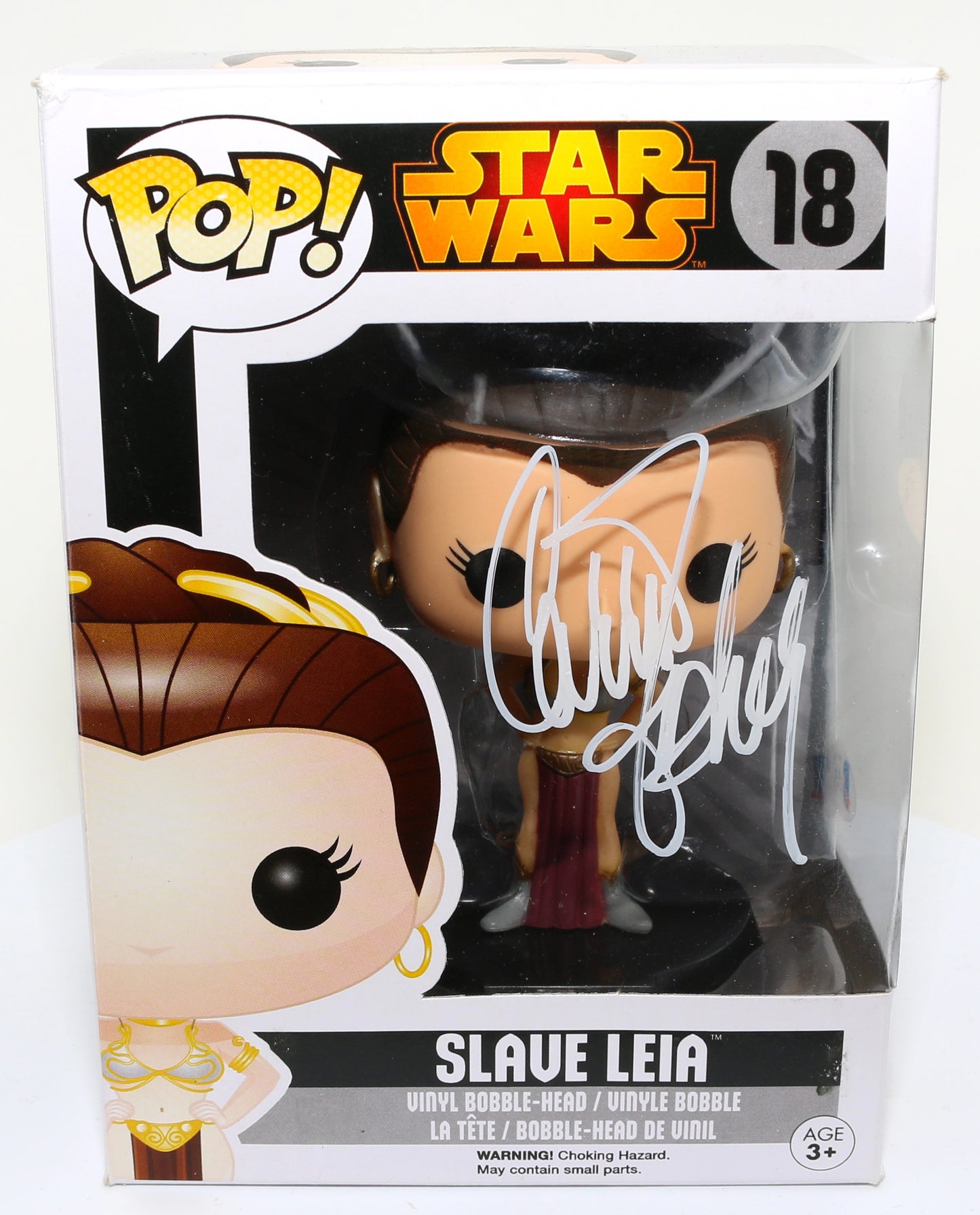 
                  
                    Carrie Fisher as Slave Princess Leia in Star Wars: Return of the Jedi (Radtke) Signed Funko POP! #18
                  
                